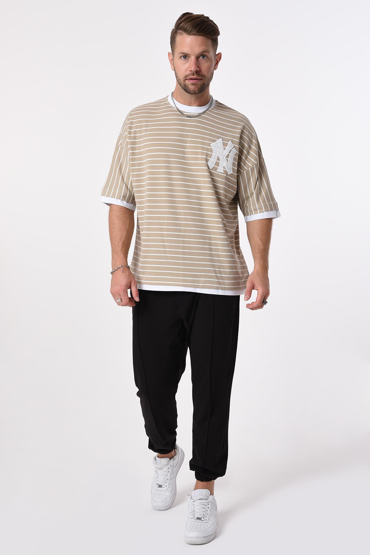 R-5620 Kol Ucu Eteği Garnili Enine Çizgili Oversize Tshirt