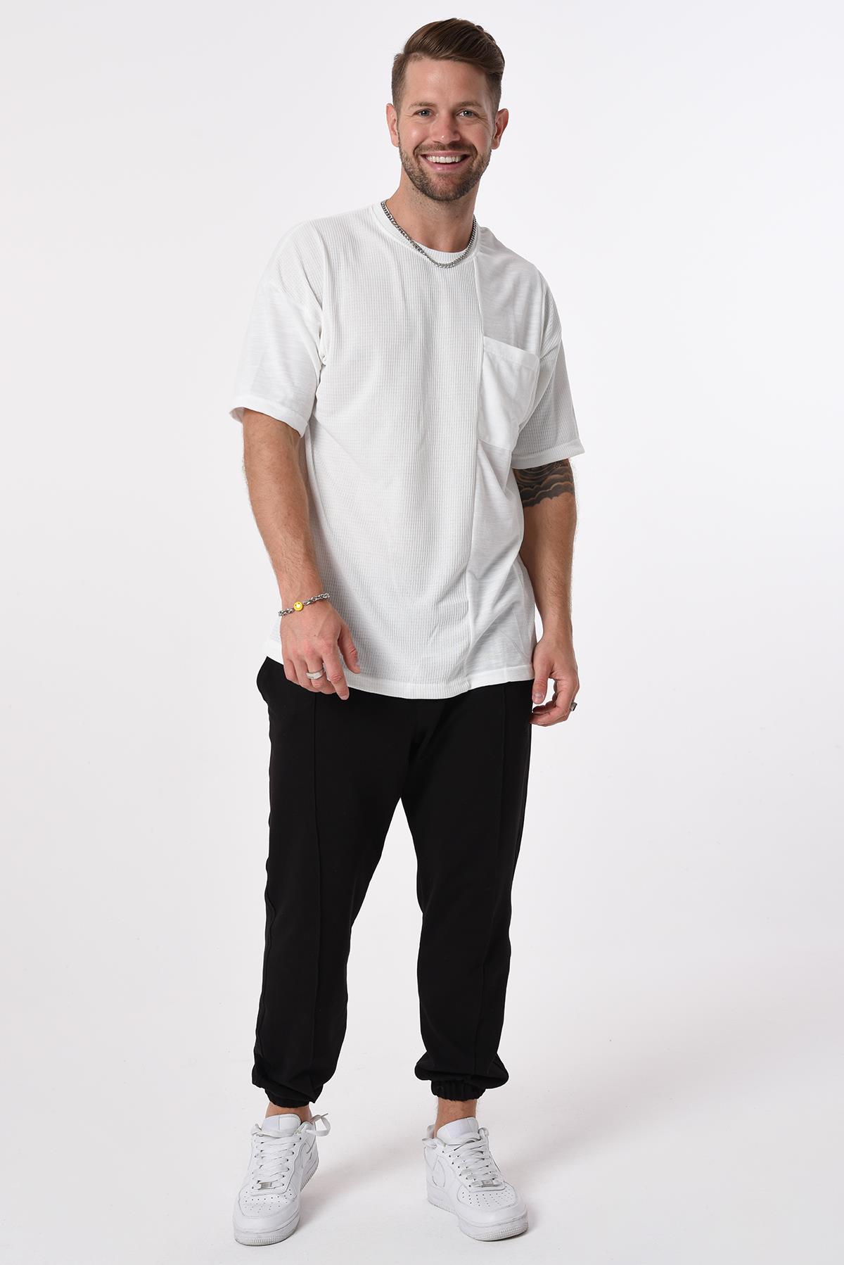 R-5632 Tek Cepli Garnili Bisiklet Yaka Yanı Yırtmaçlı Kısa Kol T-shirt