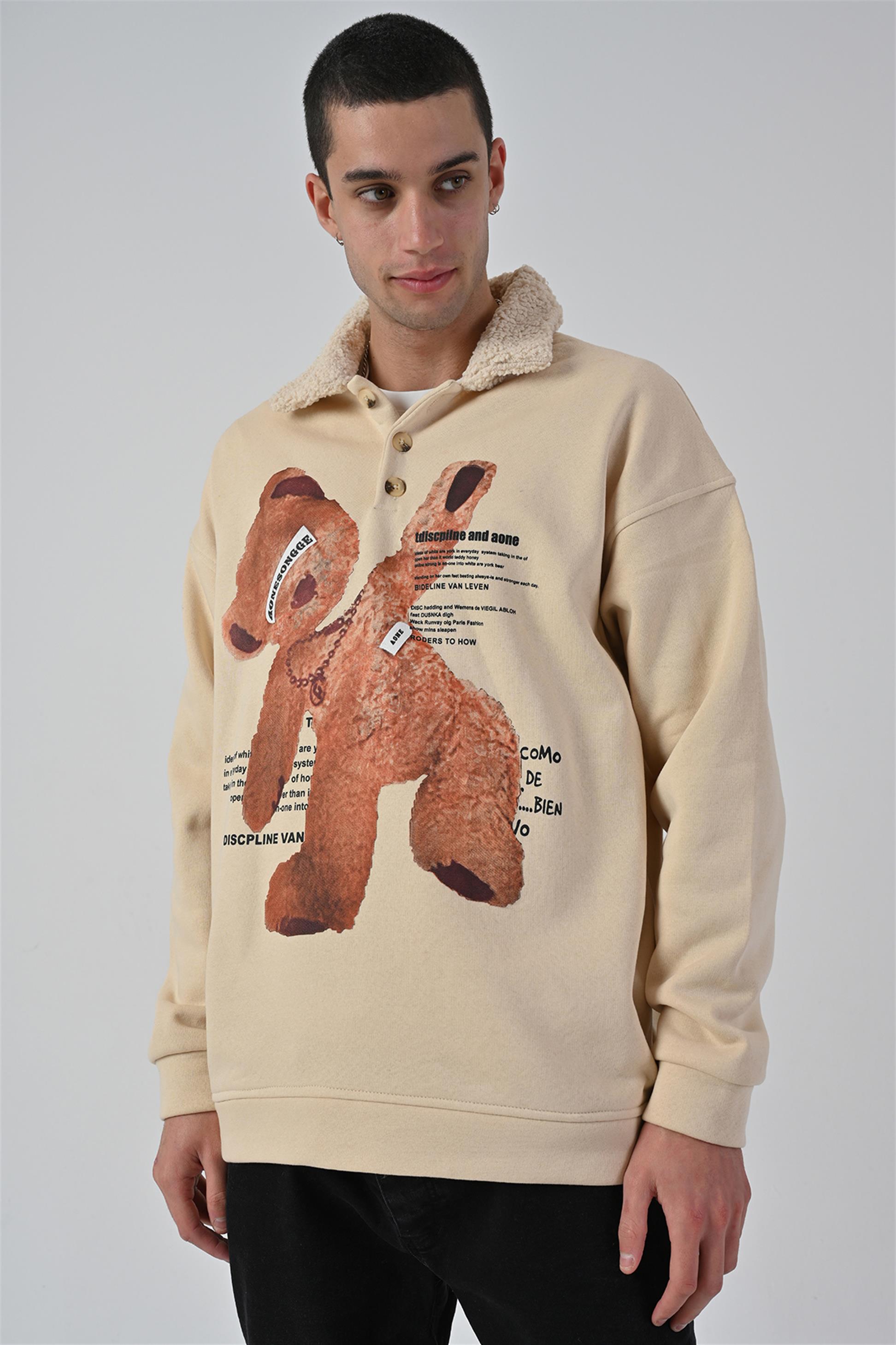 R-5679 Yaka Kürklü Ayı Baskılı 3 İp Şardonlu Sweatshirt