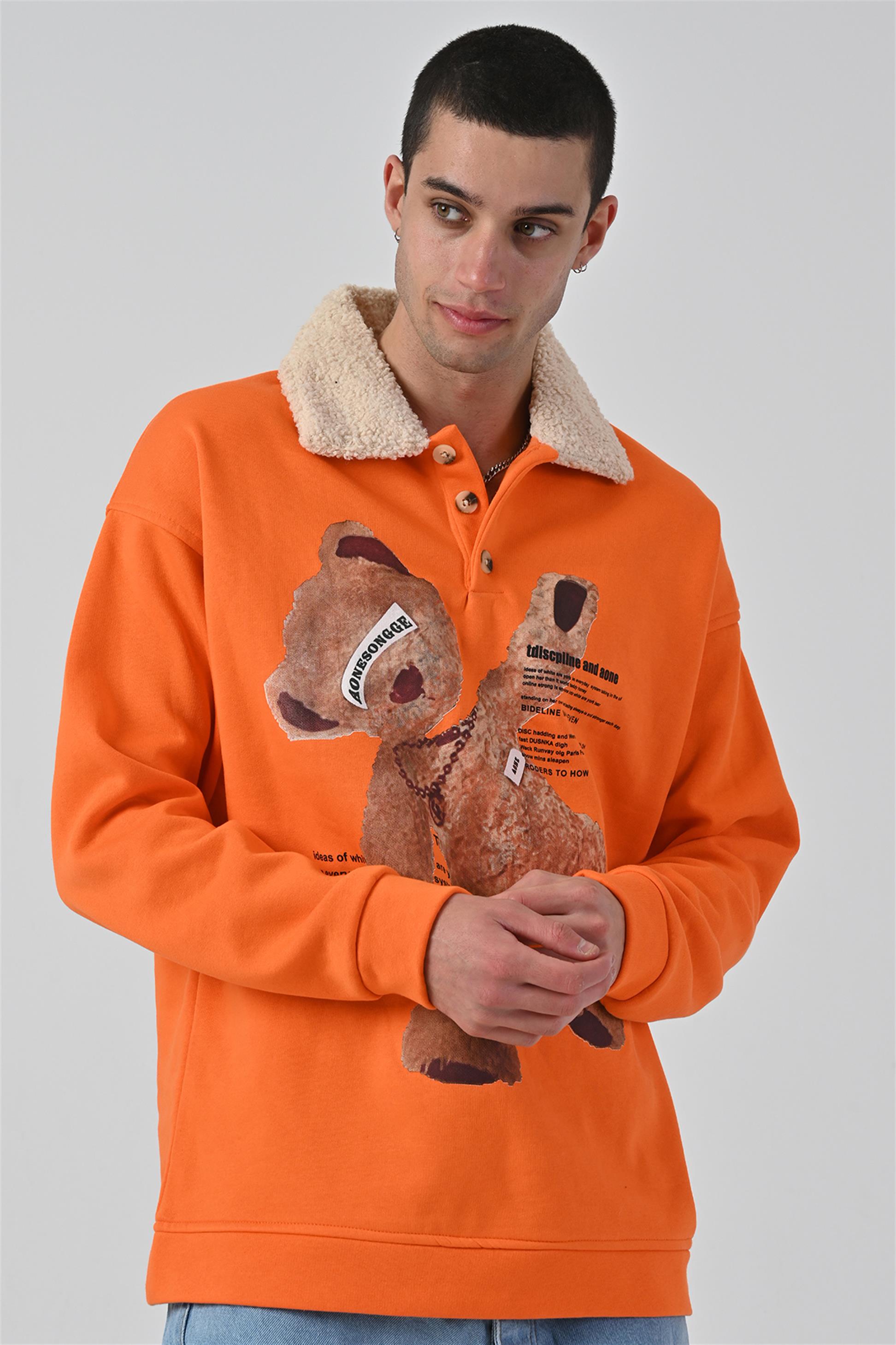 R-5679 Yaka Kürklü Ayı Baskılı 3 İp Şardonlu Sweatshirt
