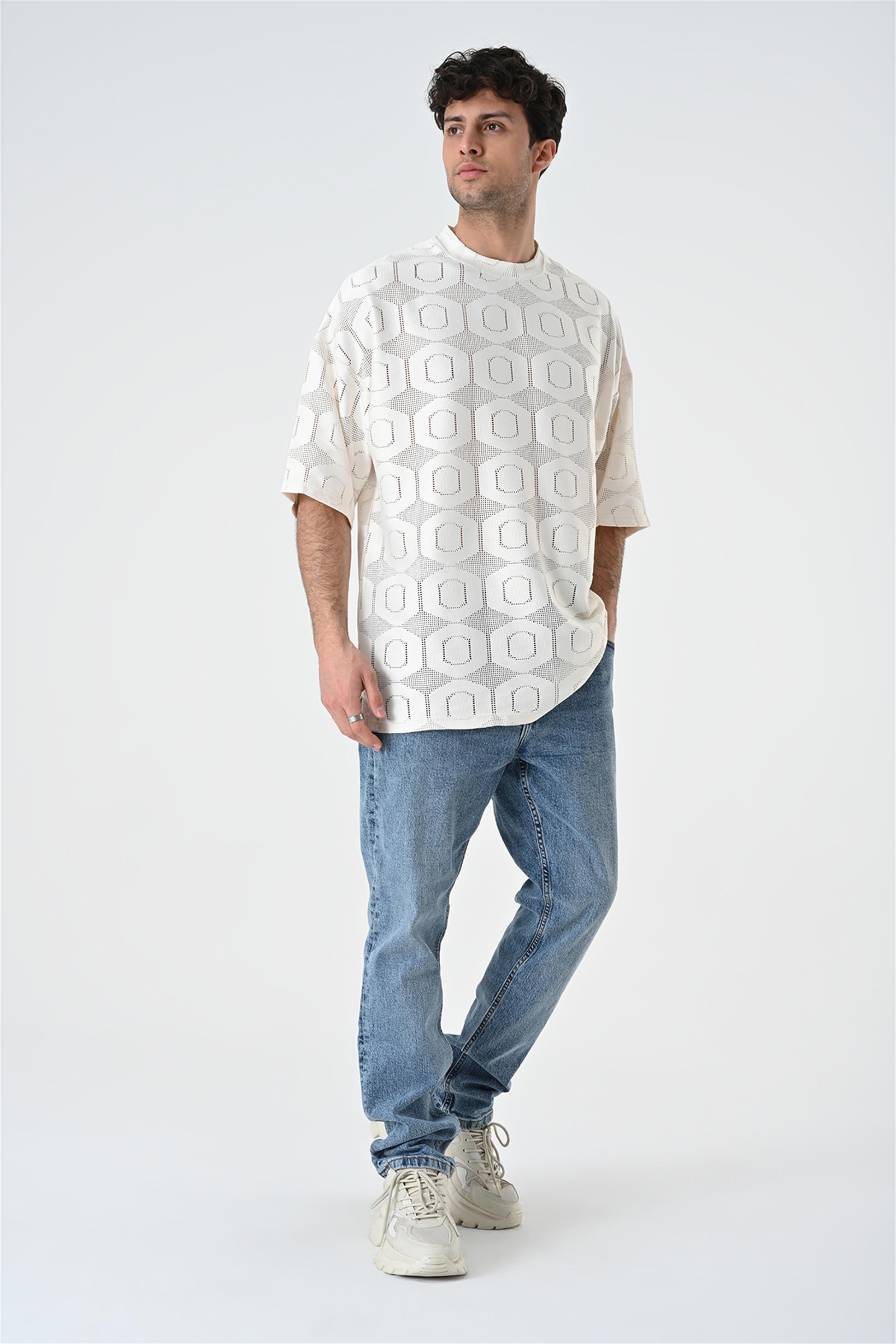 R-5683 Bisiklet Yaka Oversize Dantel T-shirt