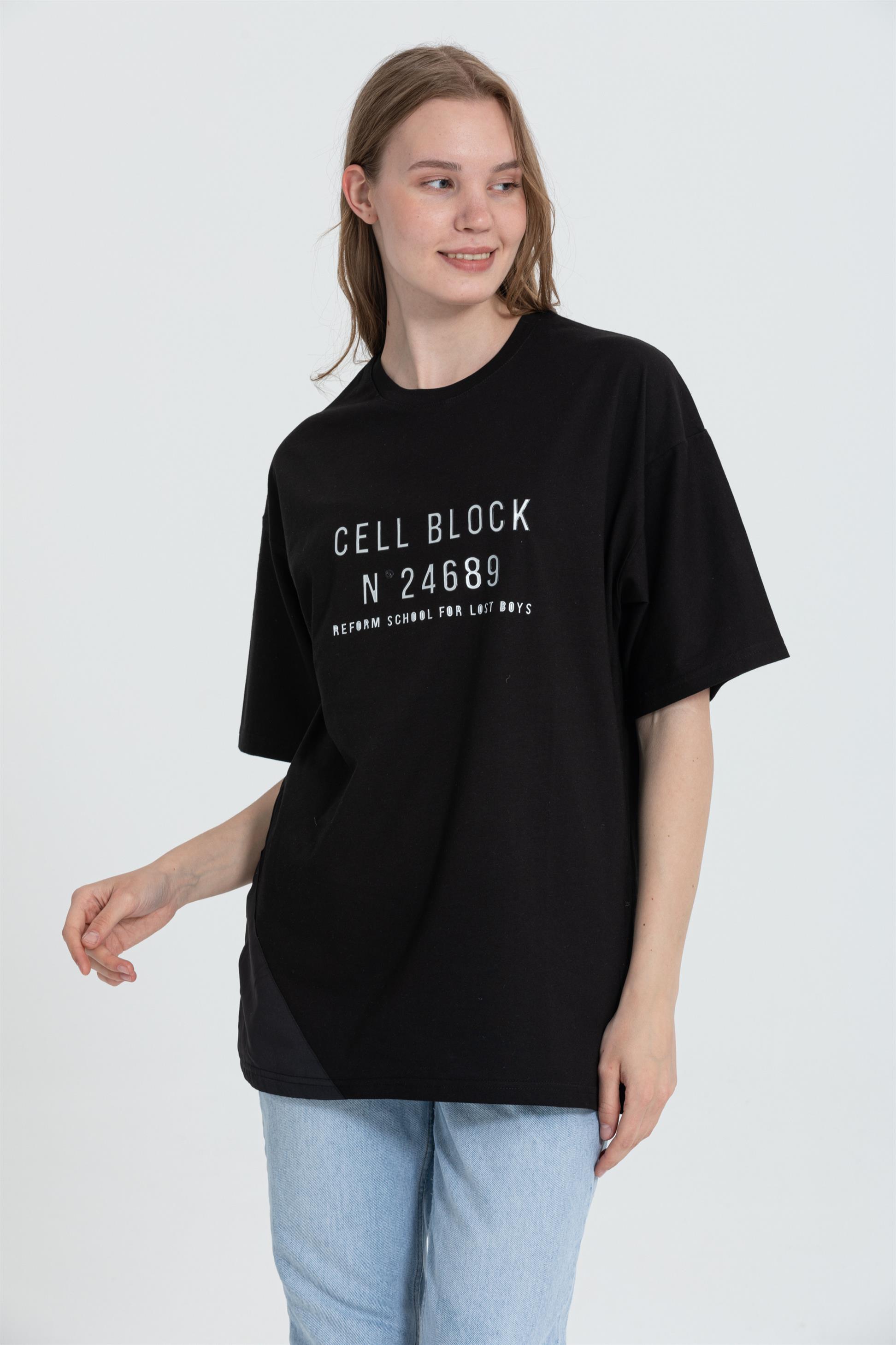 R-5703 Bisiklet Yaka Cell Block Baskı Detaylı T-shirt