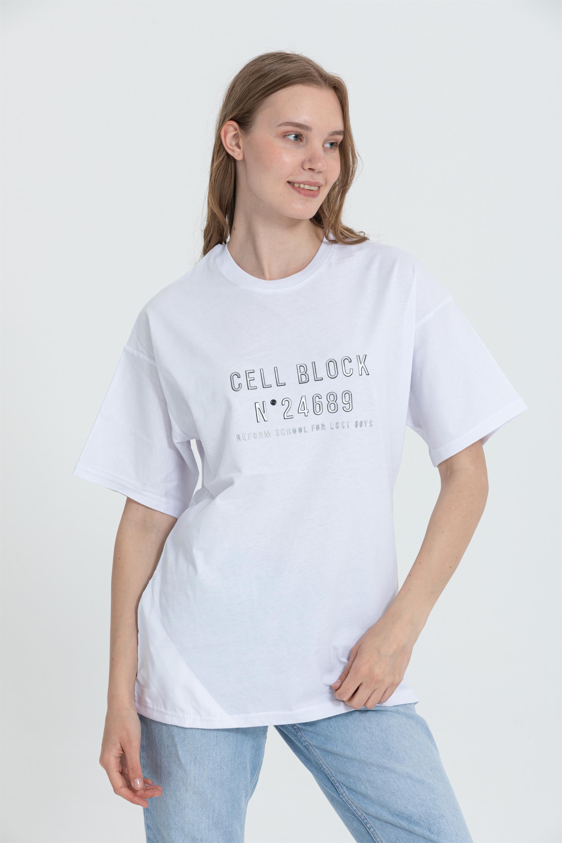 R-5703 Bisiklet Yaka Cell Block Baskı Detaylı T-shirt