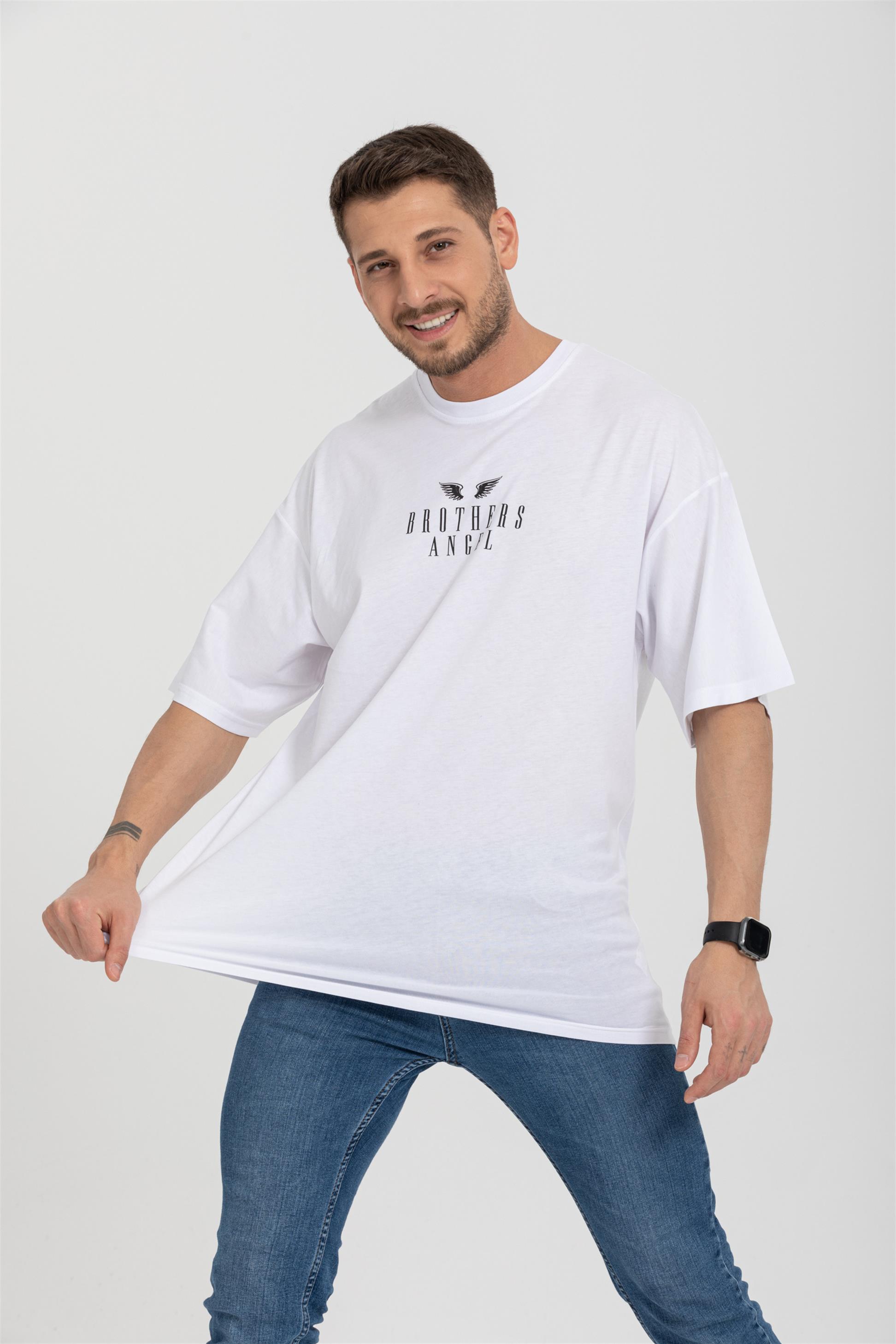 R-5719 Bisiklet Yaka Brothers Angel Baskılı Oversize T-shirt