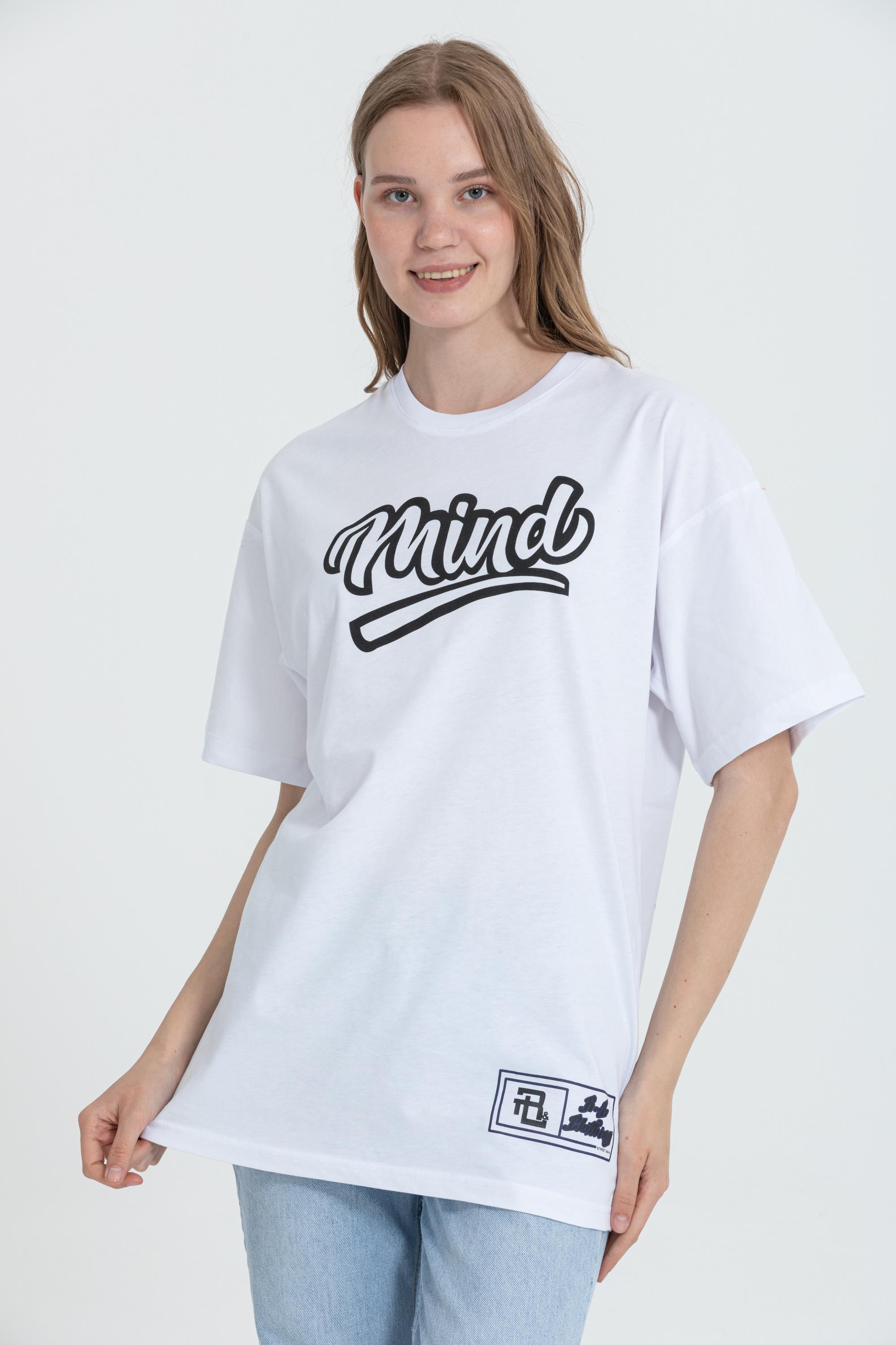 R-5738 Bisiklet Yaka Oversize Mind Baskılı T-shirt