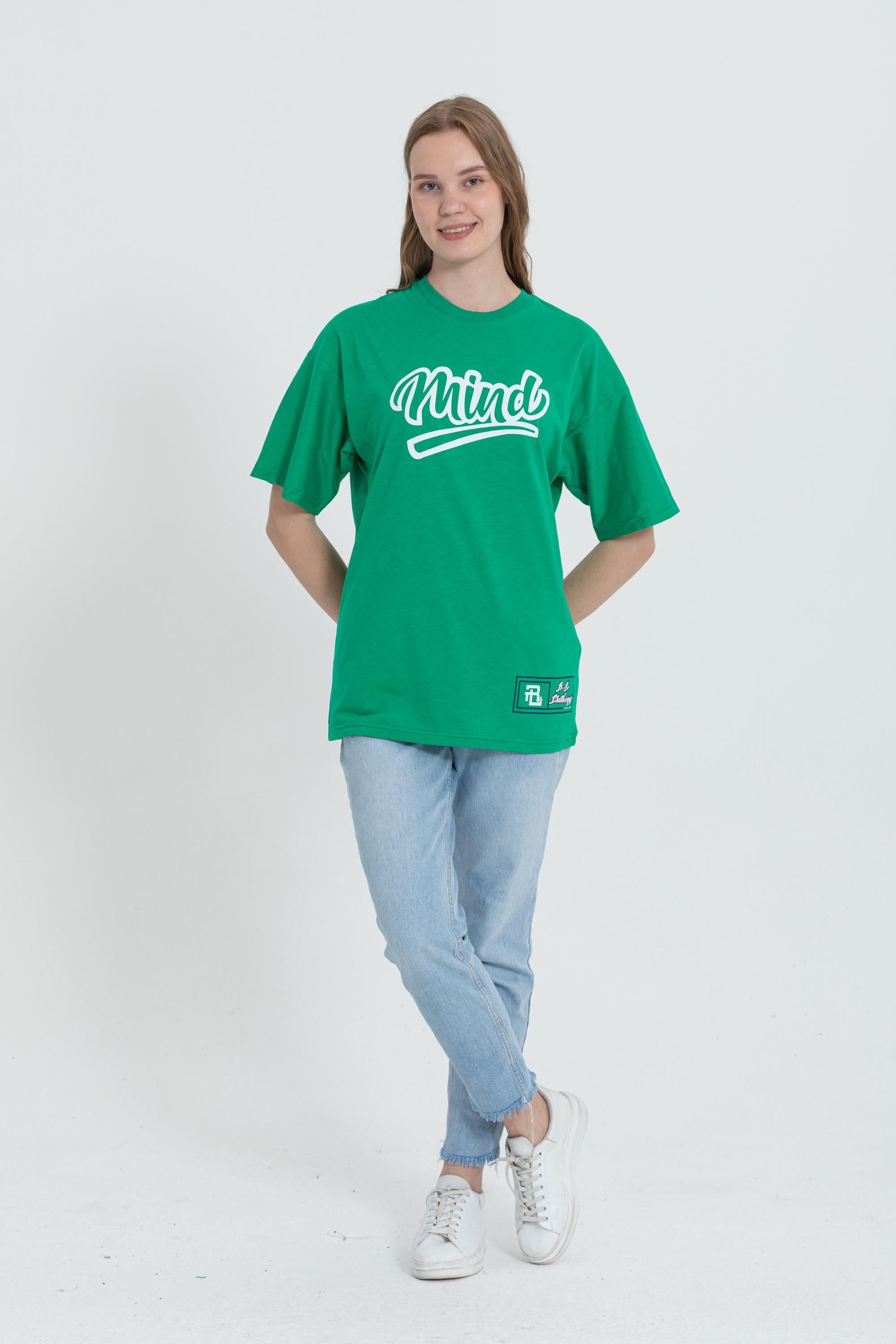 R-5738 Bisiklet Yaka Oversize Mind Baskılı T-shirt