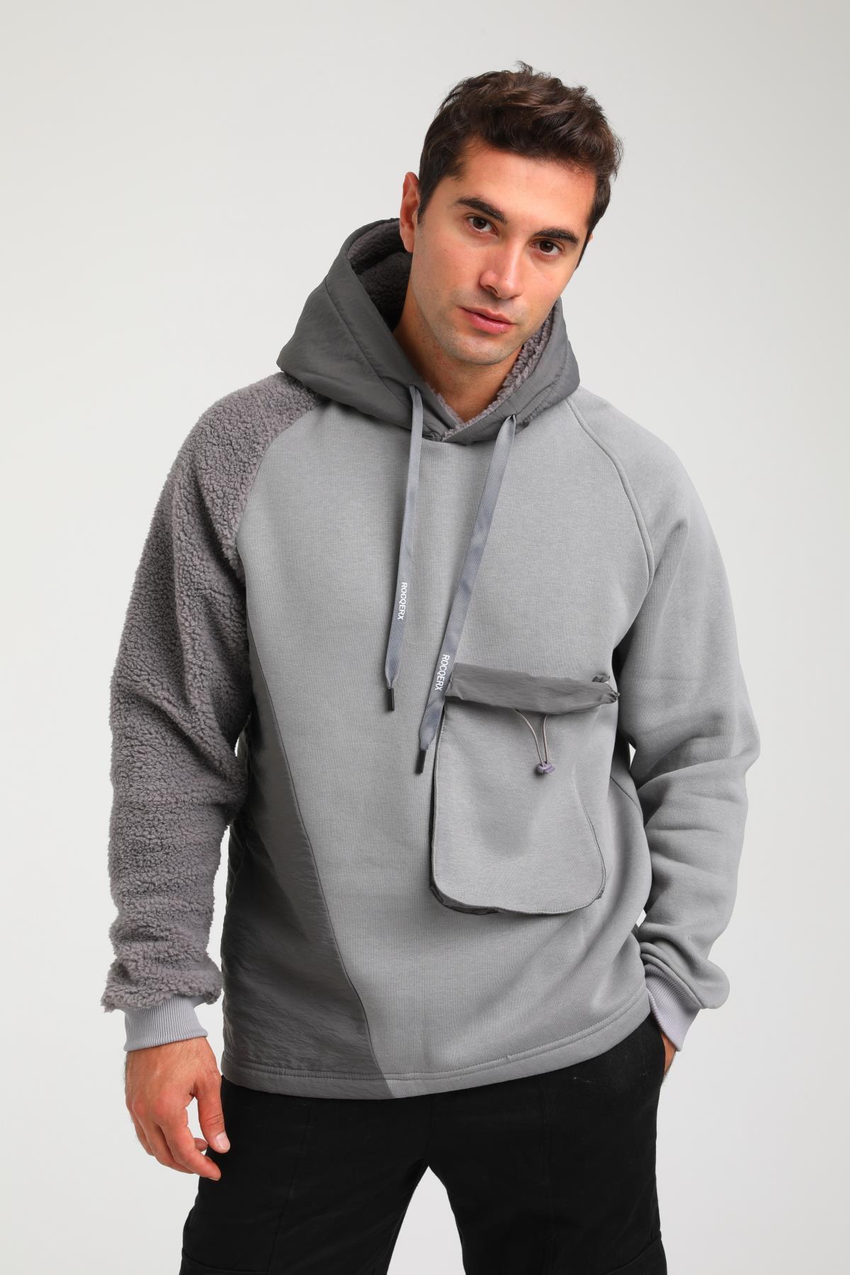 R-5747 Peluş Garni Detaylı Kapüşonlu Üç İplik Şardonlu Sweat