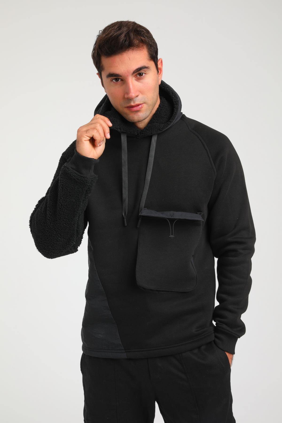 R-5747 Peluş Garni Detaylı Kapüşonlu Üç İplik Şardonlu Sweat