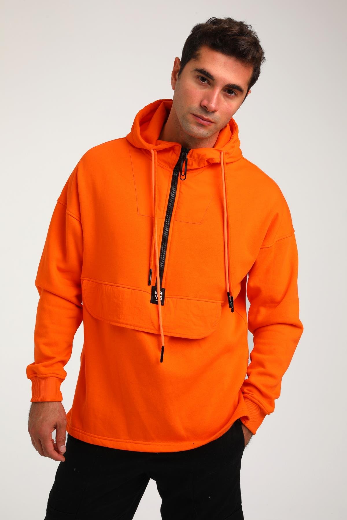 R-5748 Kapüşonlu Garni Detaylı Fermuarlı 3 İp Şardonlu Sweat