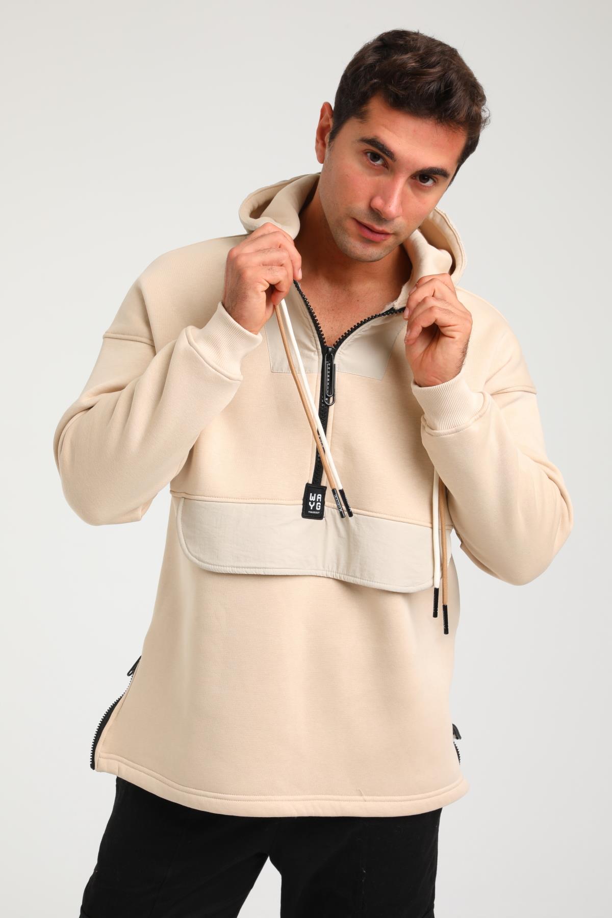 R-5748 Kapüşonlu Garni Detaylı Fermuarlı 3 İp Şardonlu Sweat