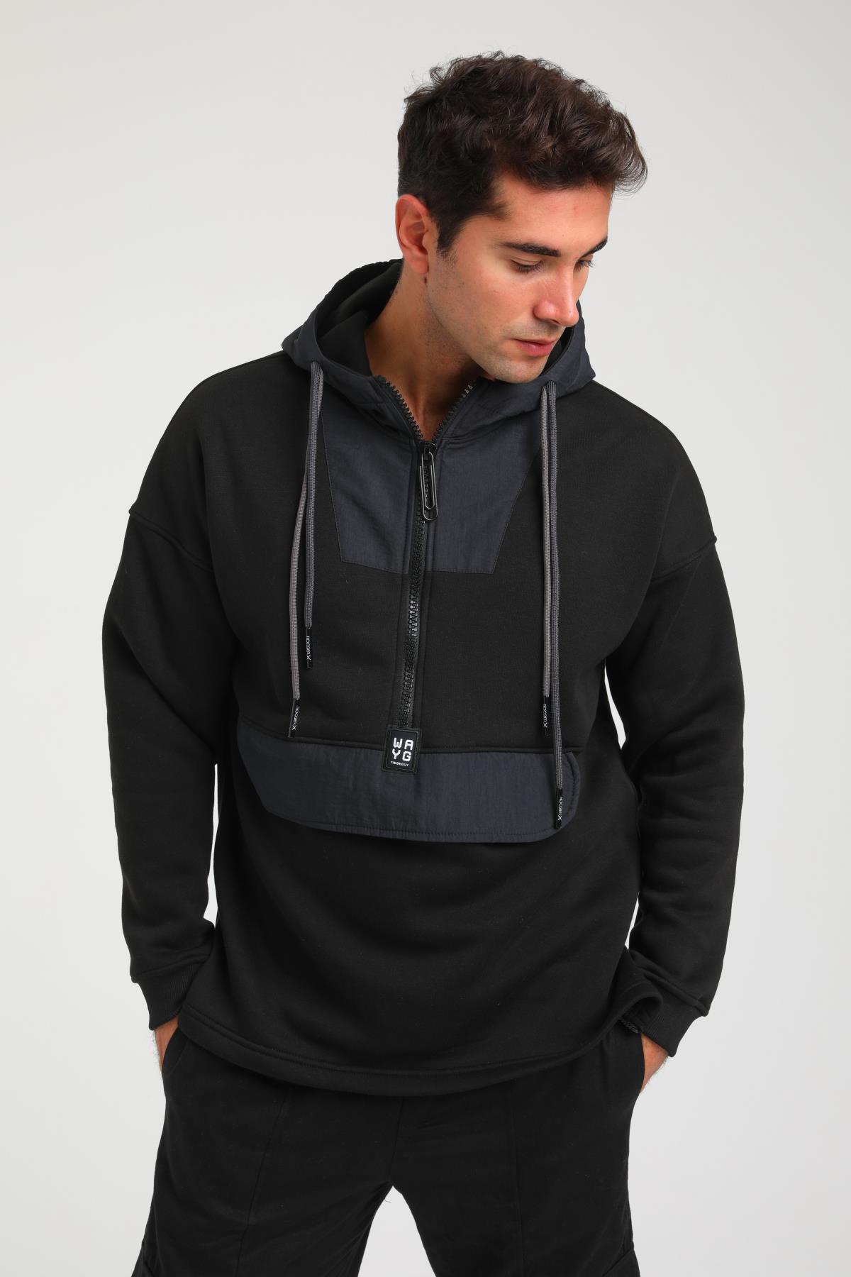 R-5748 Kapüşonlu Garni Detaylı Fermuarlı 3 İp Şardonlu Sweat