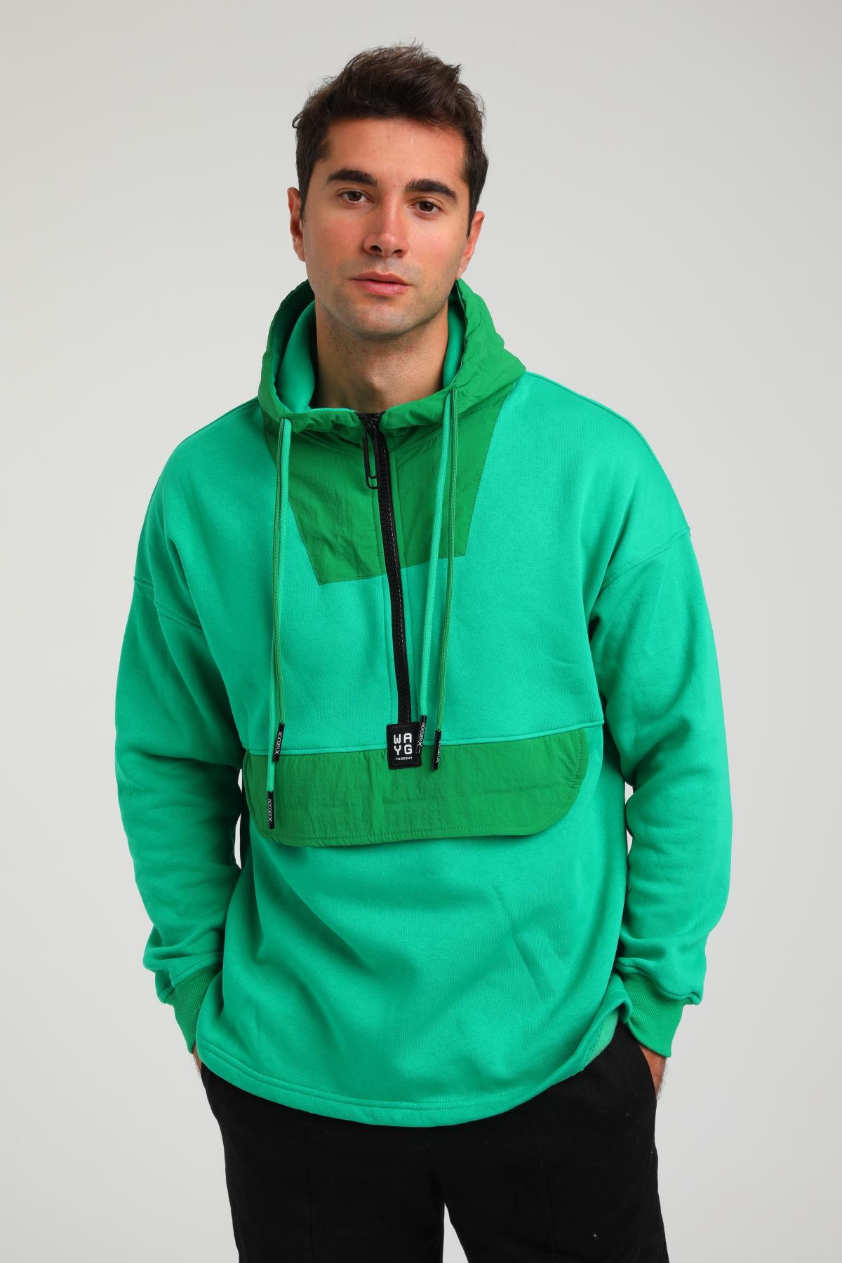 R-5748 Kapüşonlu Garni Detaylı Fermuarlı 3 İp Şardonlu Sweat