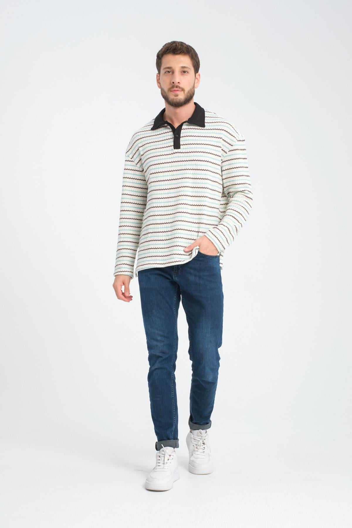 R-5839 Polo Yaka Uzun Kol Çizgili Örme Sweat