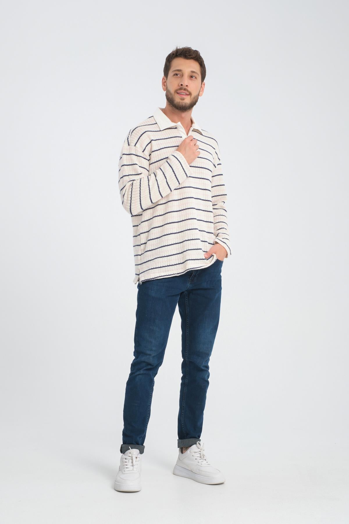 R-5839 Polo Yaka Uzun Kol Çizgili Örme Sweat