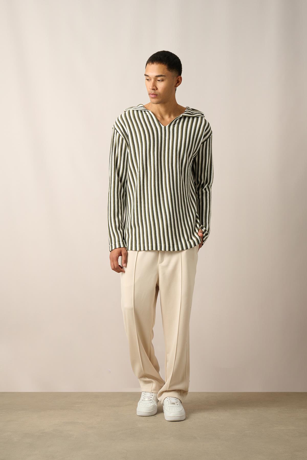 R-5842 Kapüşonlu Kanguru Cep Çizgili Örme Sweatshirt