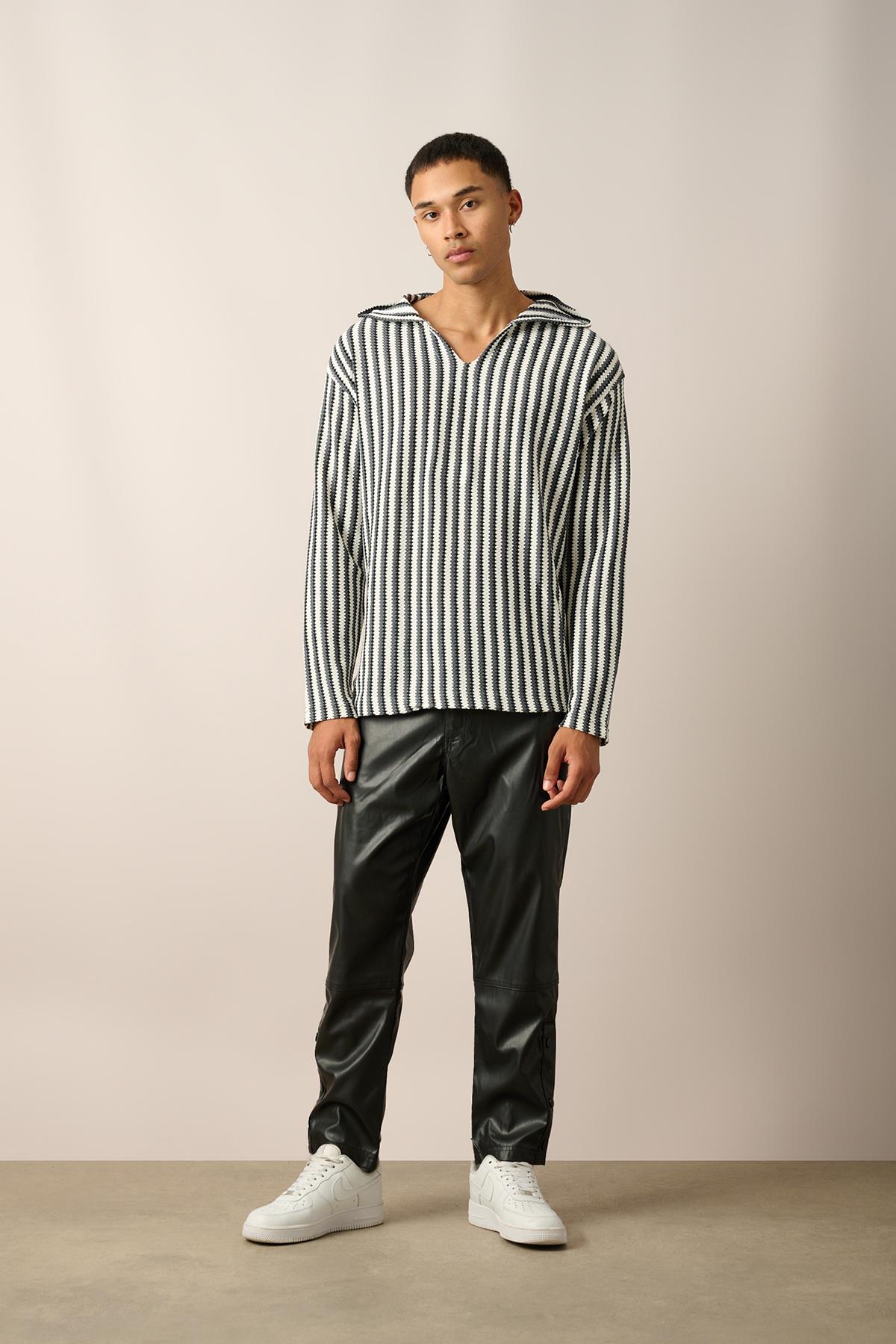 R-5842 Kapüşonlu Kanguru Cep Çizgili Örme Sweatshirt