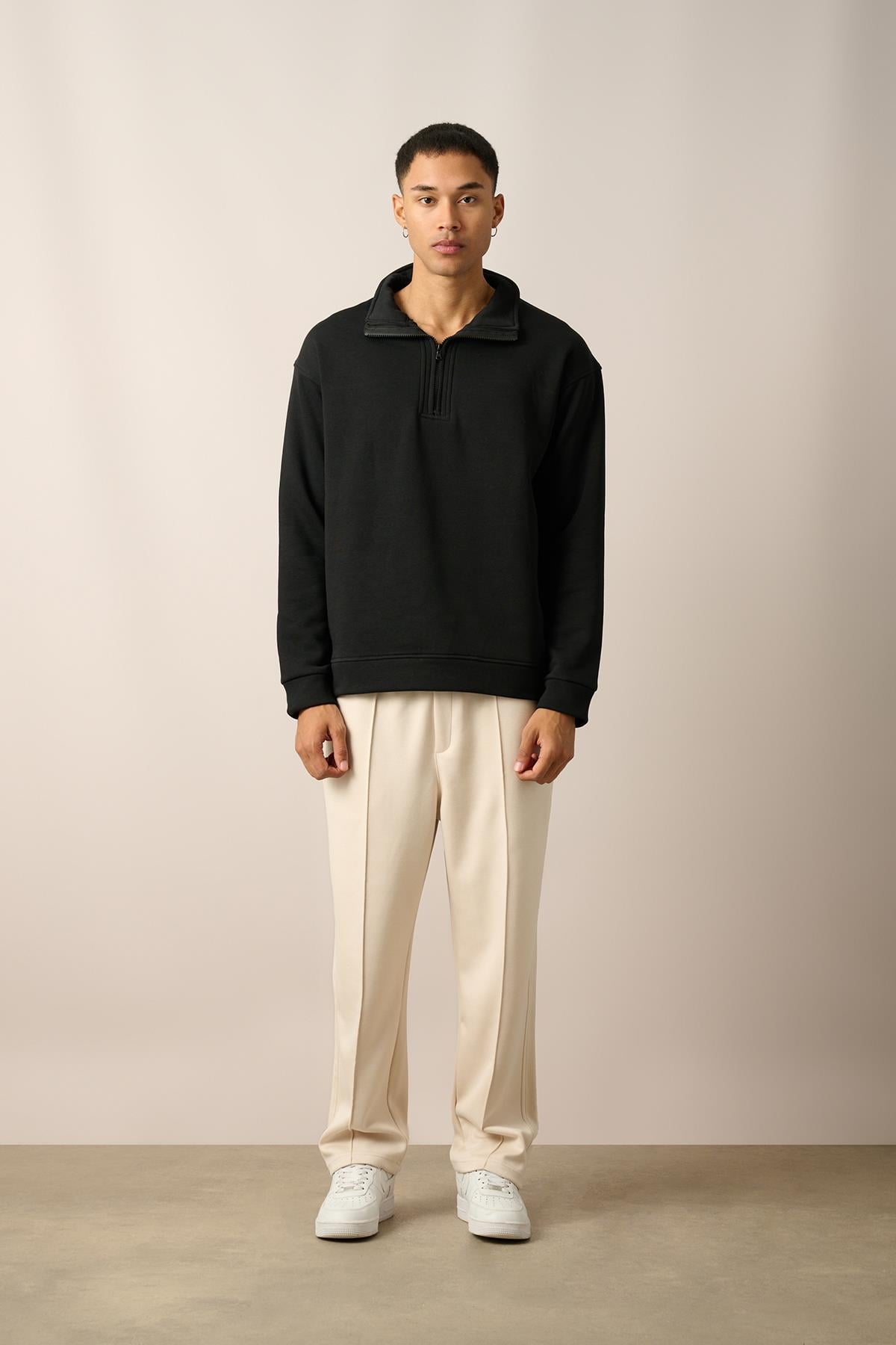R-5844-1 Yarım Fermuar Garni Detaylı Üç İp Sweat