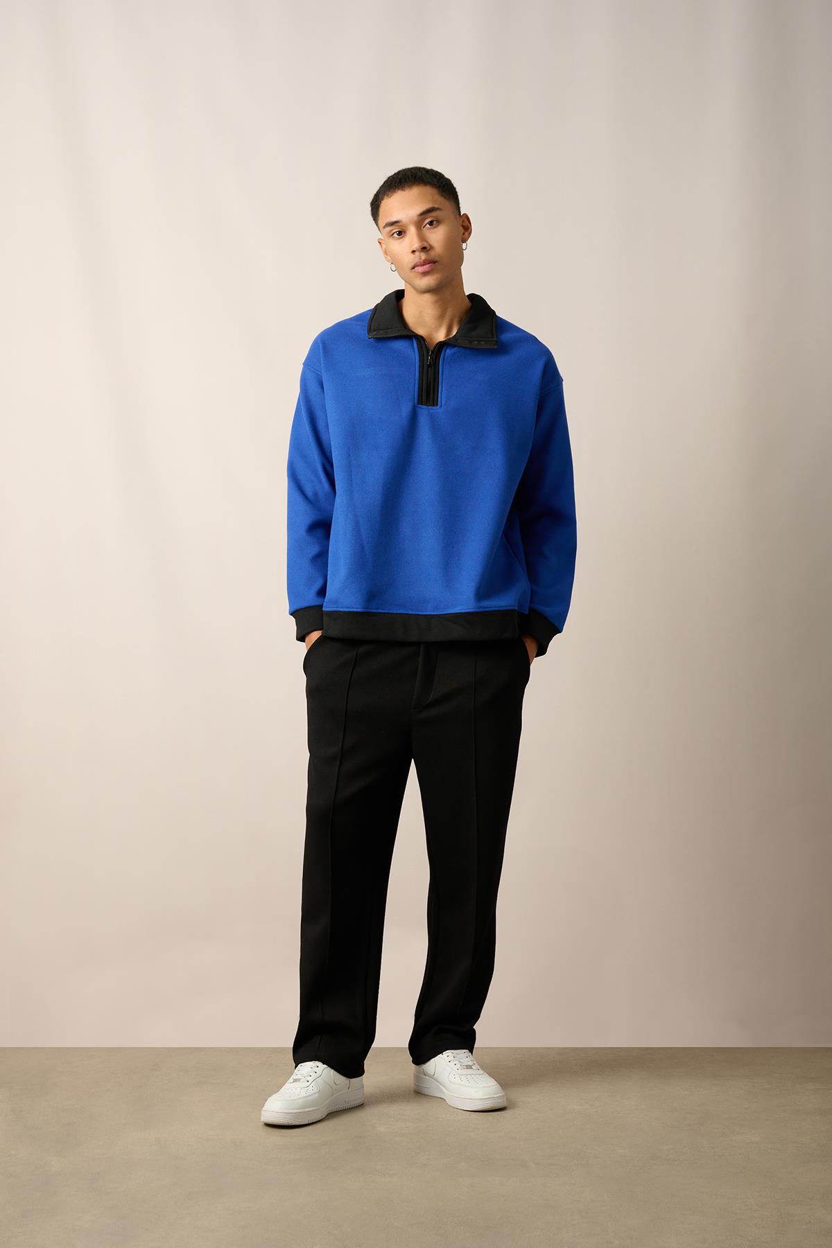 R-5844 Yarım Fermuar Garni Detaylı Kaşe Sweat