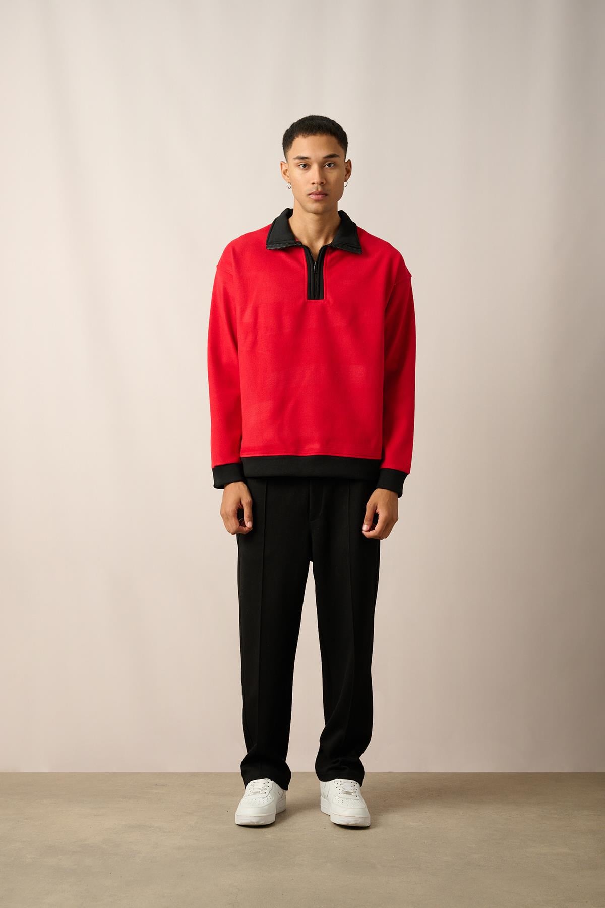R-5844 Yarım Fermuar Garni Detaylı Kaşe Sweat