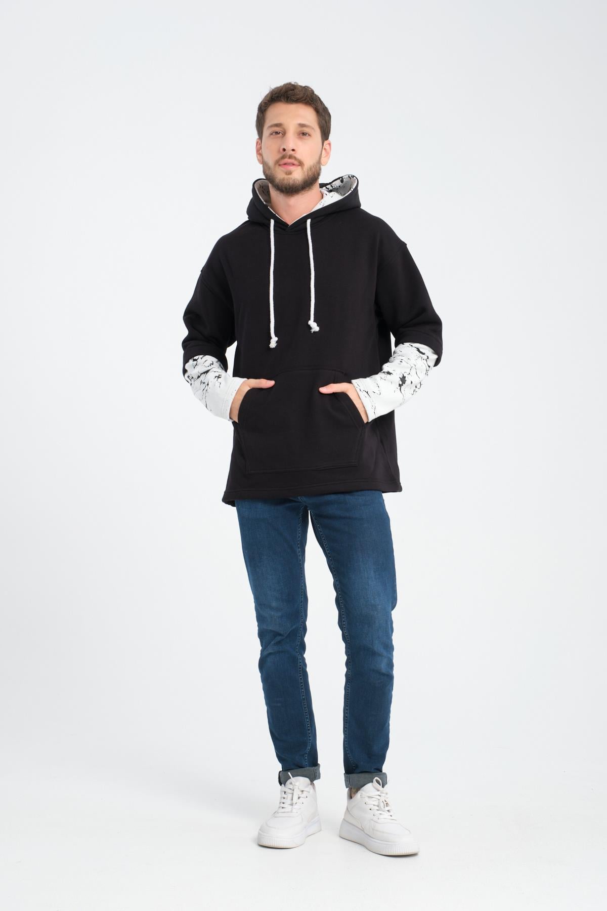 R-5845 Kapüşon Ve Kol Garnili 3 İplik Sweat