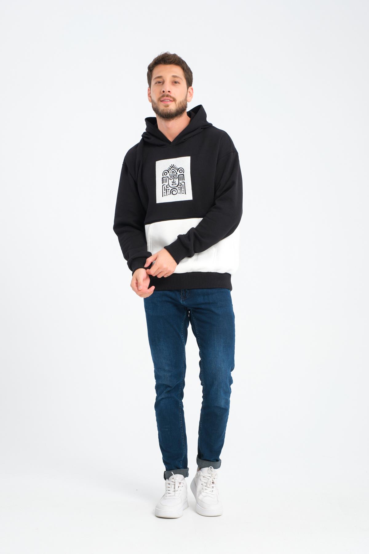 R-5846 Önü Armalı Beden Garnili Kapüşonlu Sweat