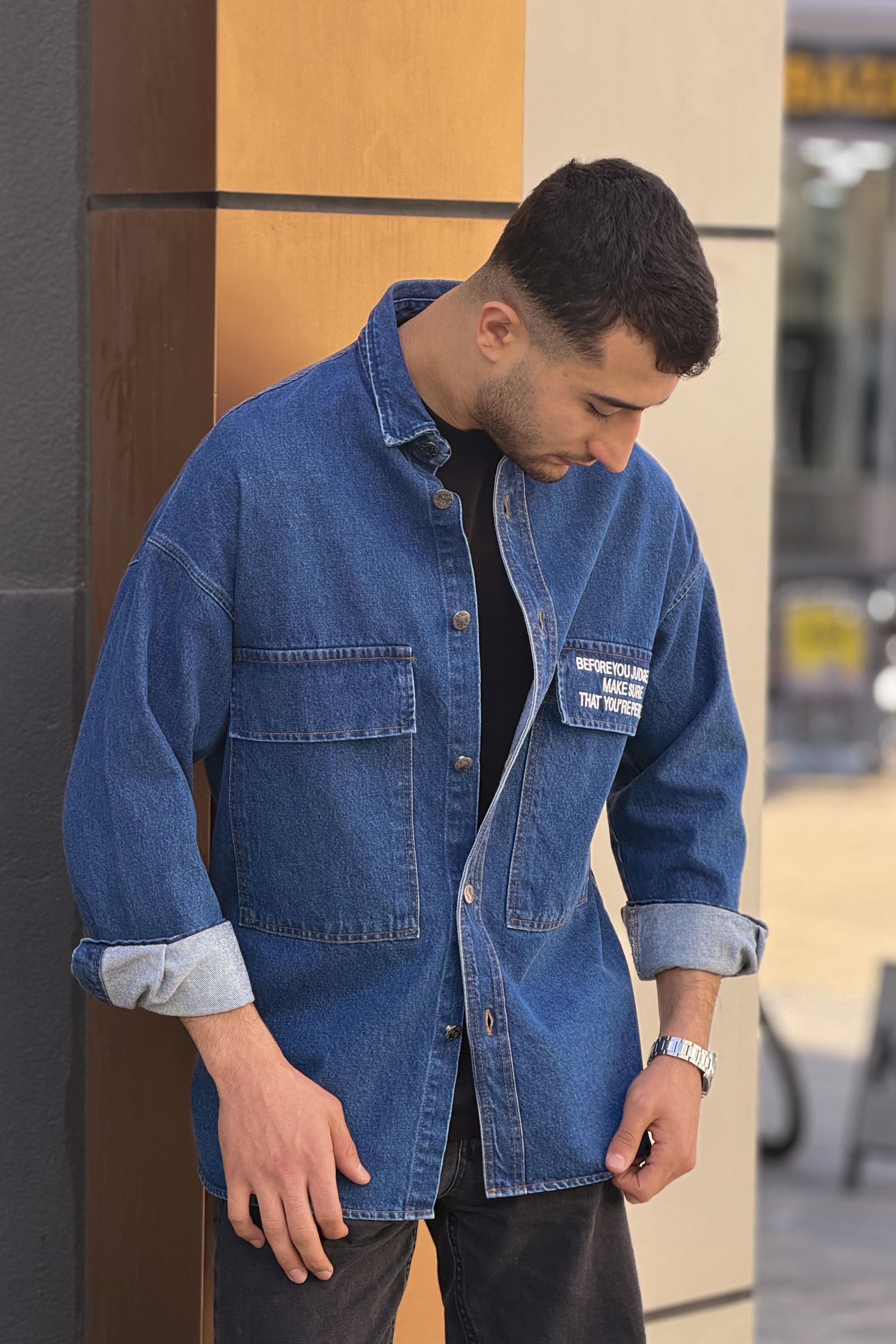 R-6006 Çift Cep Kapaklı Kot Gömlek