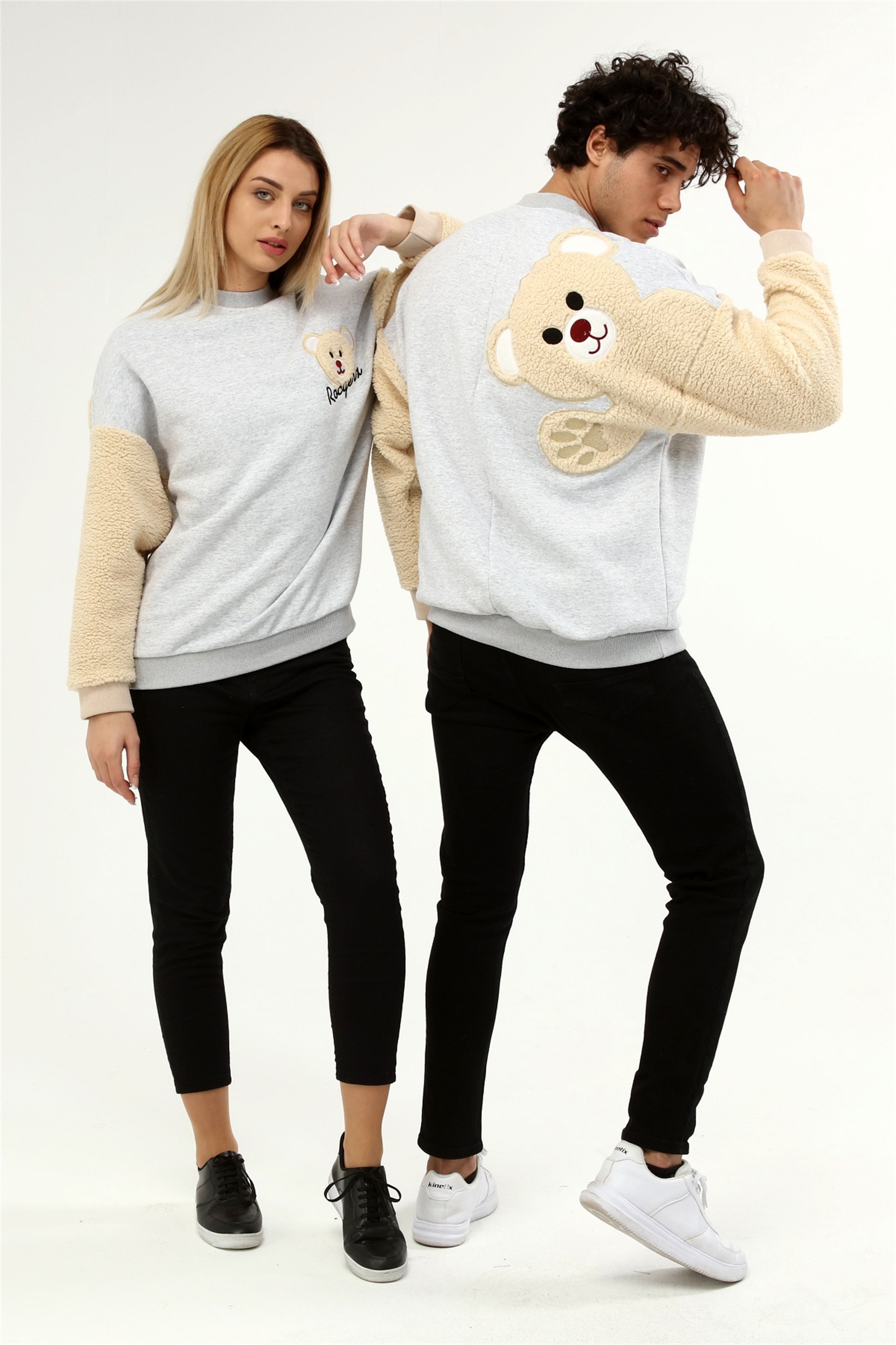 Üç İplik Kolu Peluş Ayıcıklı Oversize Sweatshirt  Q-5483