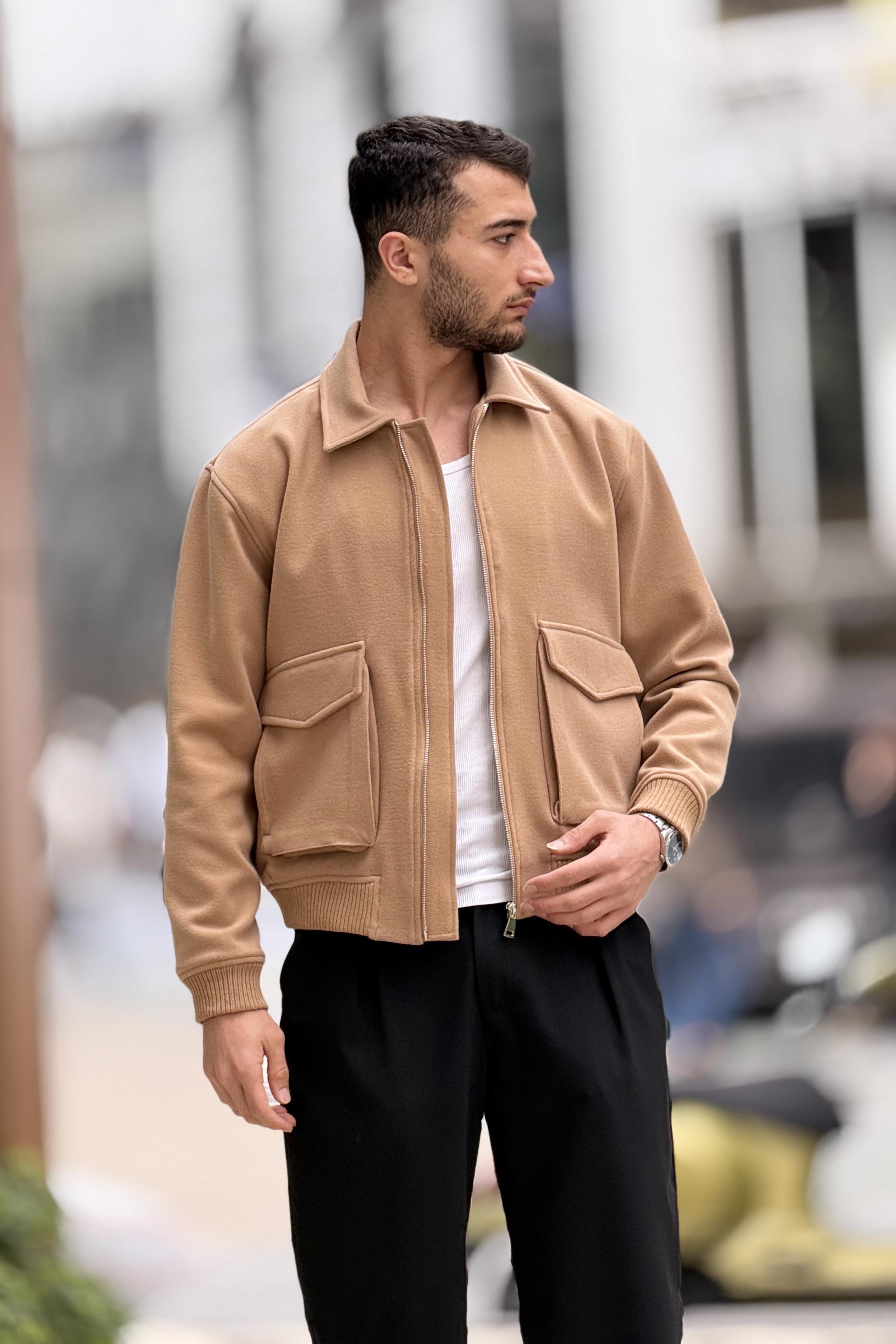 X-2025 Cep Detaylı Fermuarlı Astarlı Kaşe Mont