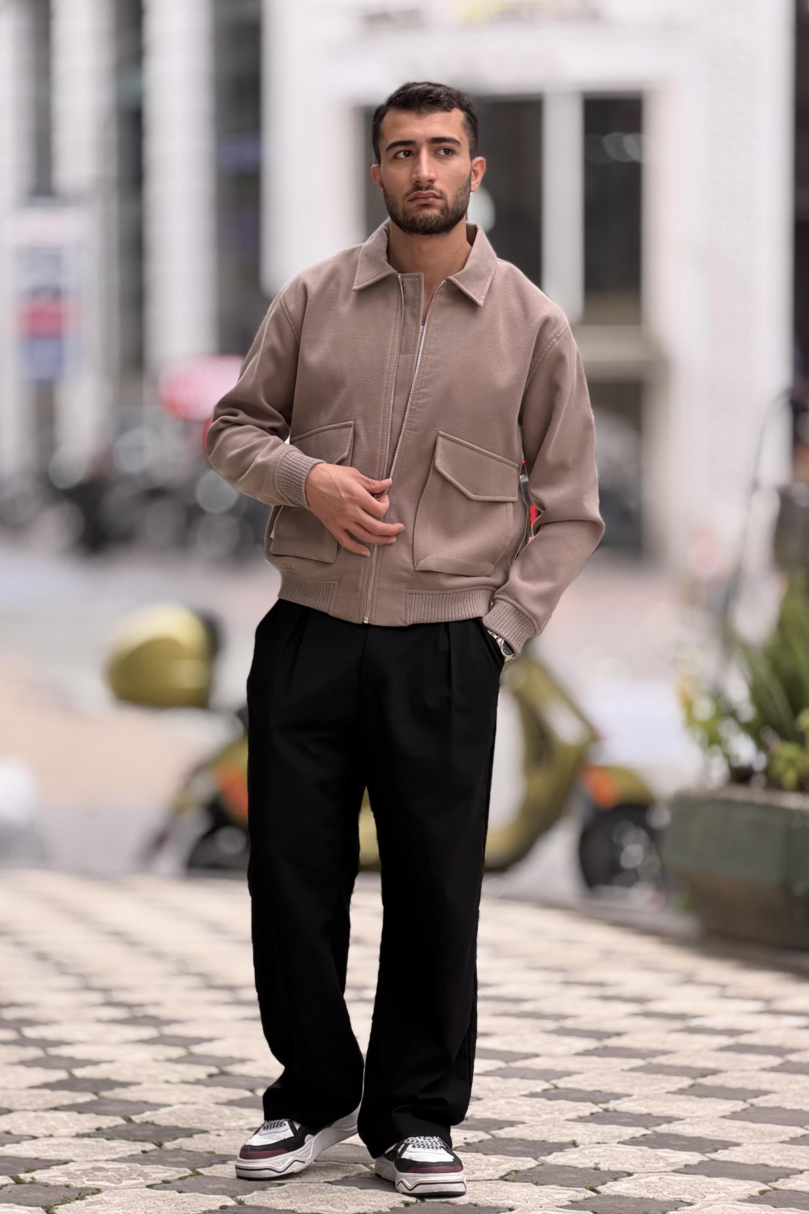 X-2025 Cep Detaylı Fermuarlı Astarlı Kaşe Mont