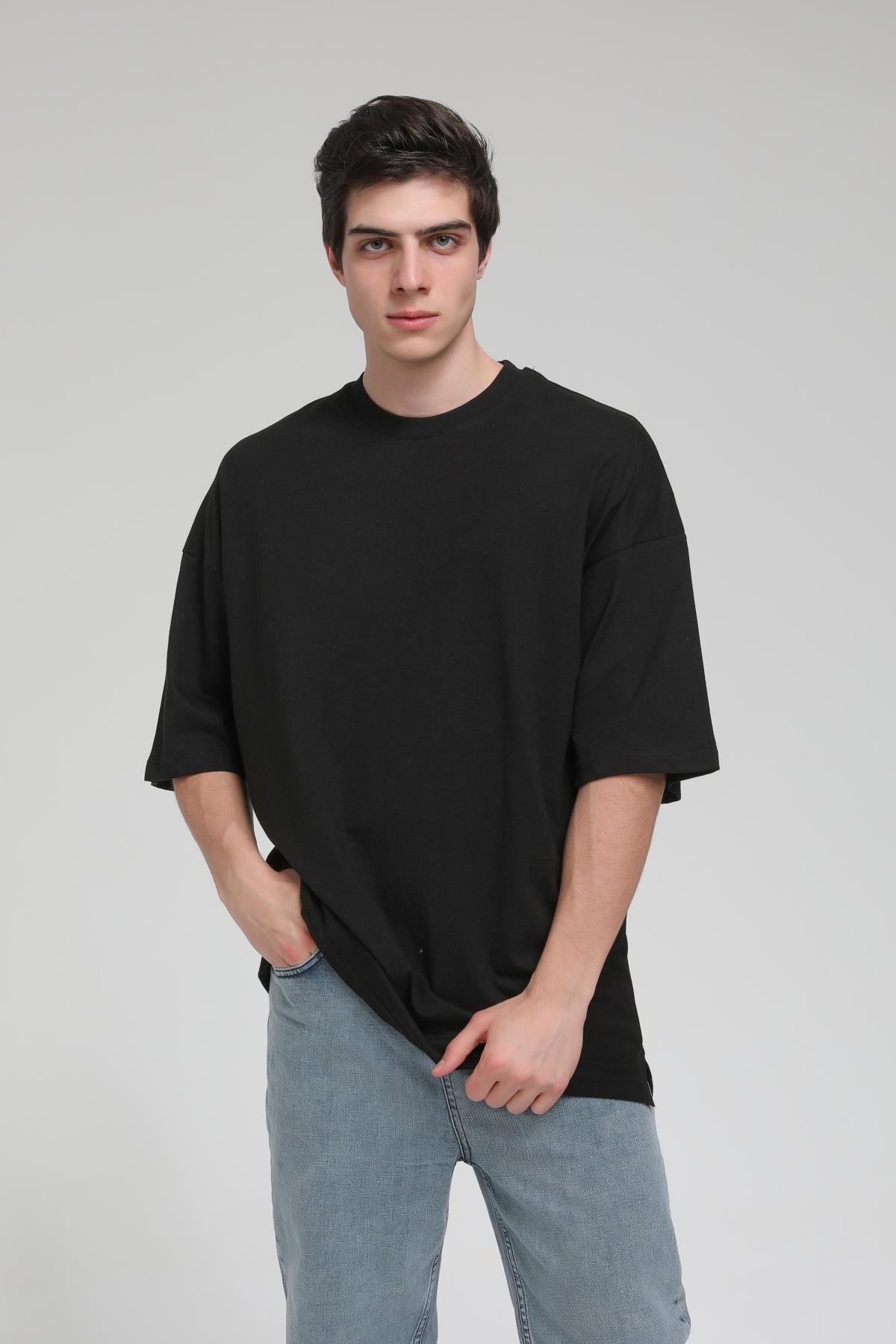 Yan Yırtmaç Detaylı Oversize Basic T-shirt  R-5543