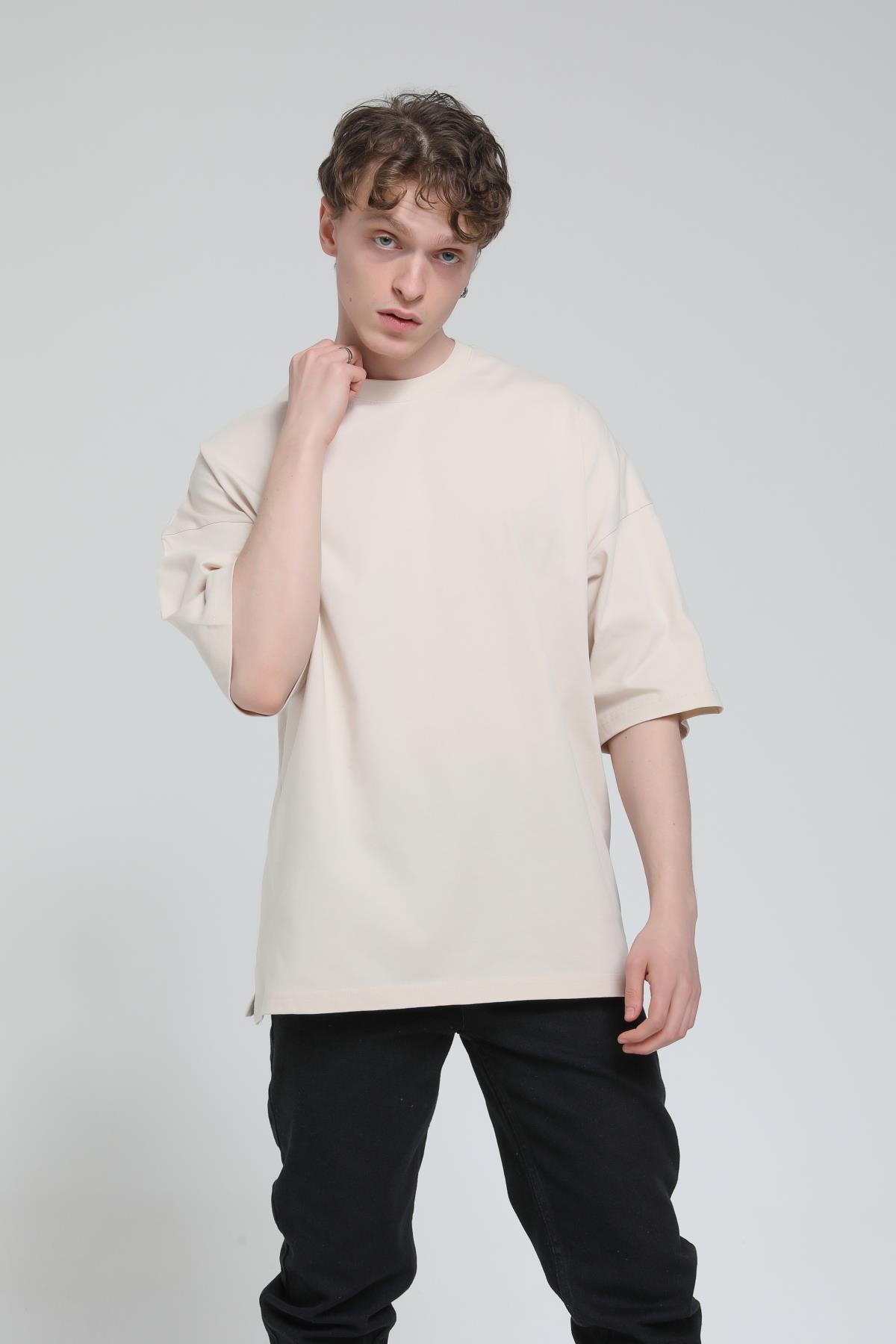 Yan Yırtmaç Detaylı Oversize Basic T-shirt  R-5543