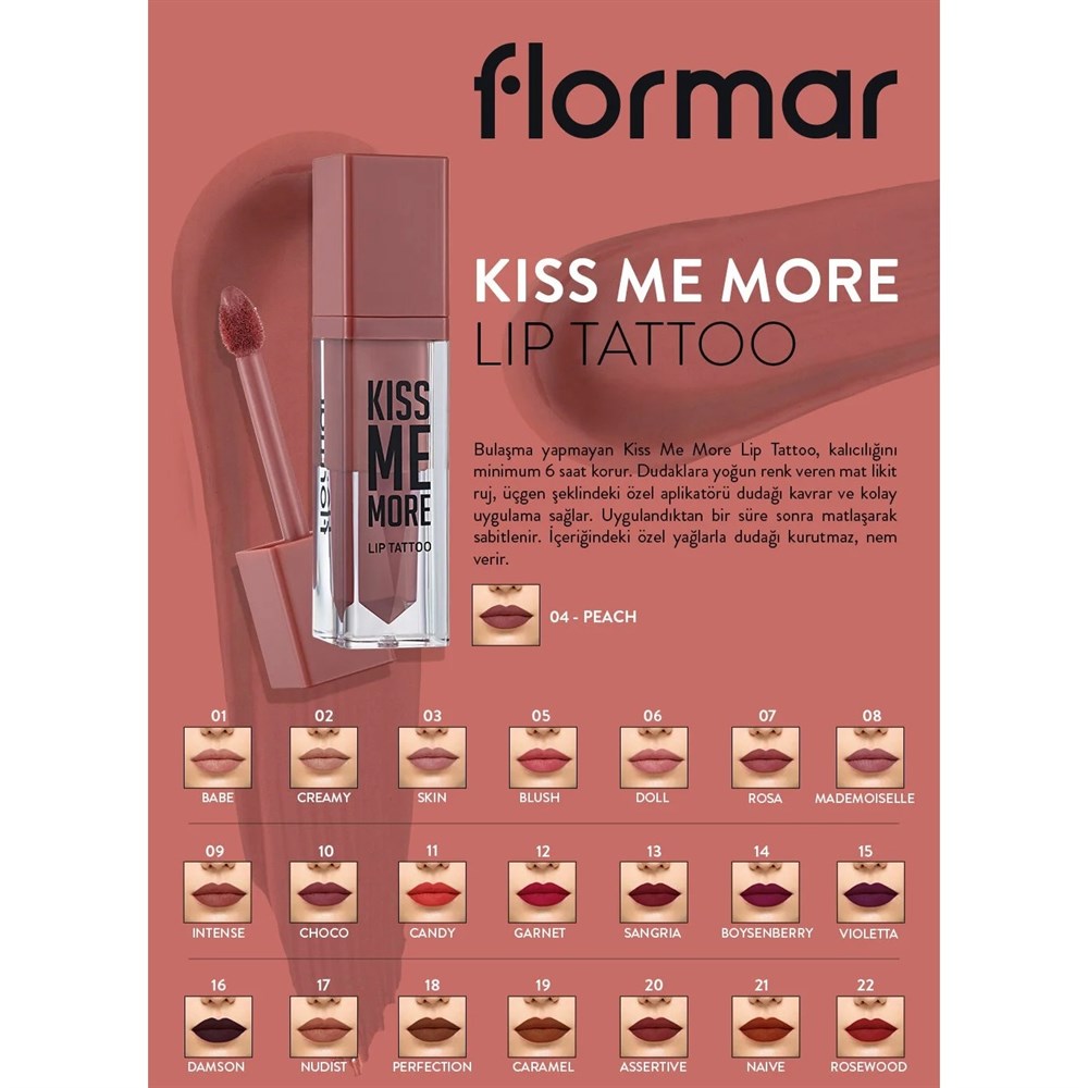 Flormar Likit Mat Ruj Kiss Me More Lip Tattoo 004 Peach | Tshop