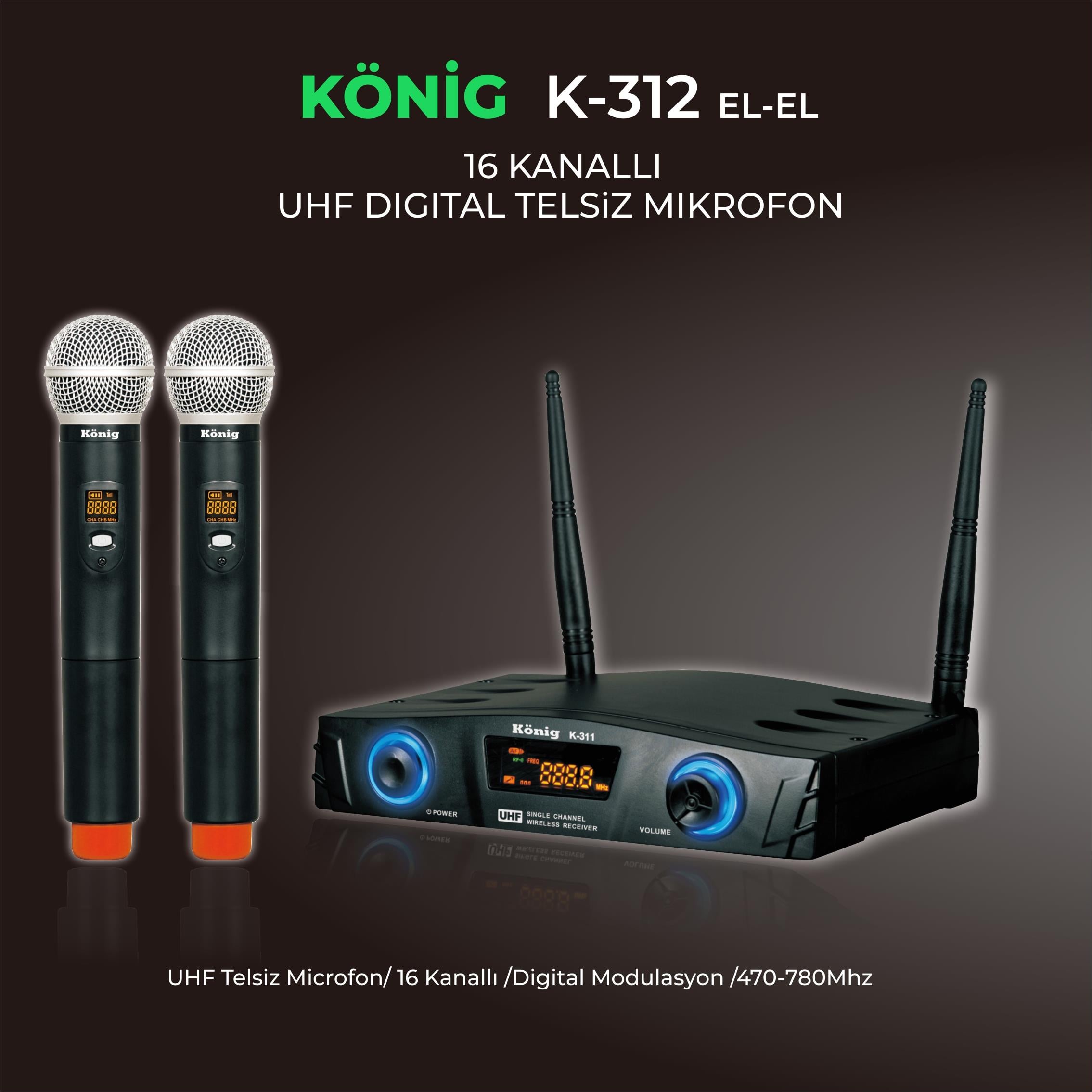 König K–312 E-E ÇİFT EL 16 KANAL UHF TELSİZ MİKROFON