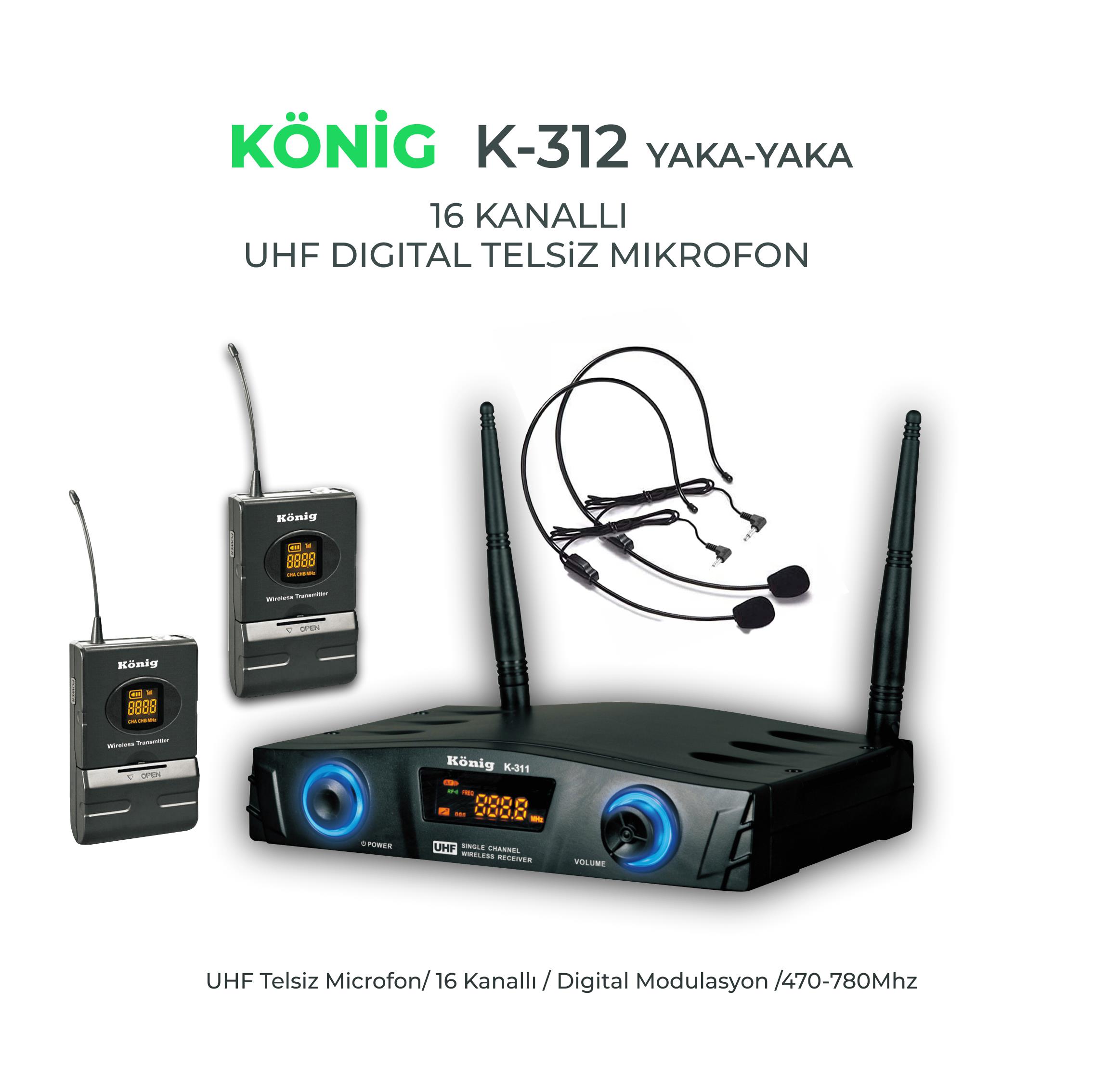 König K–312 Y–Y ÇİFT YAKA KAFA TİPİ 16 KANAL UHF TELSİZ MİKROFON