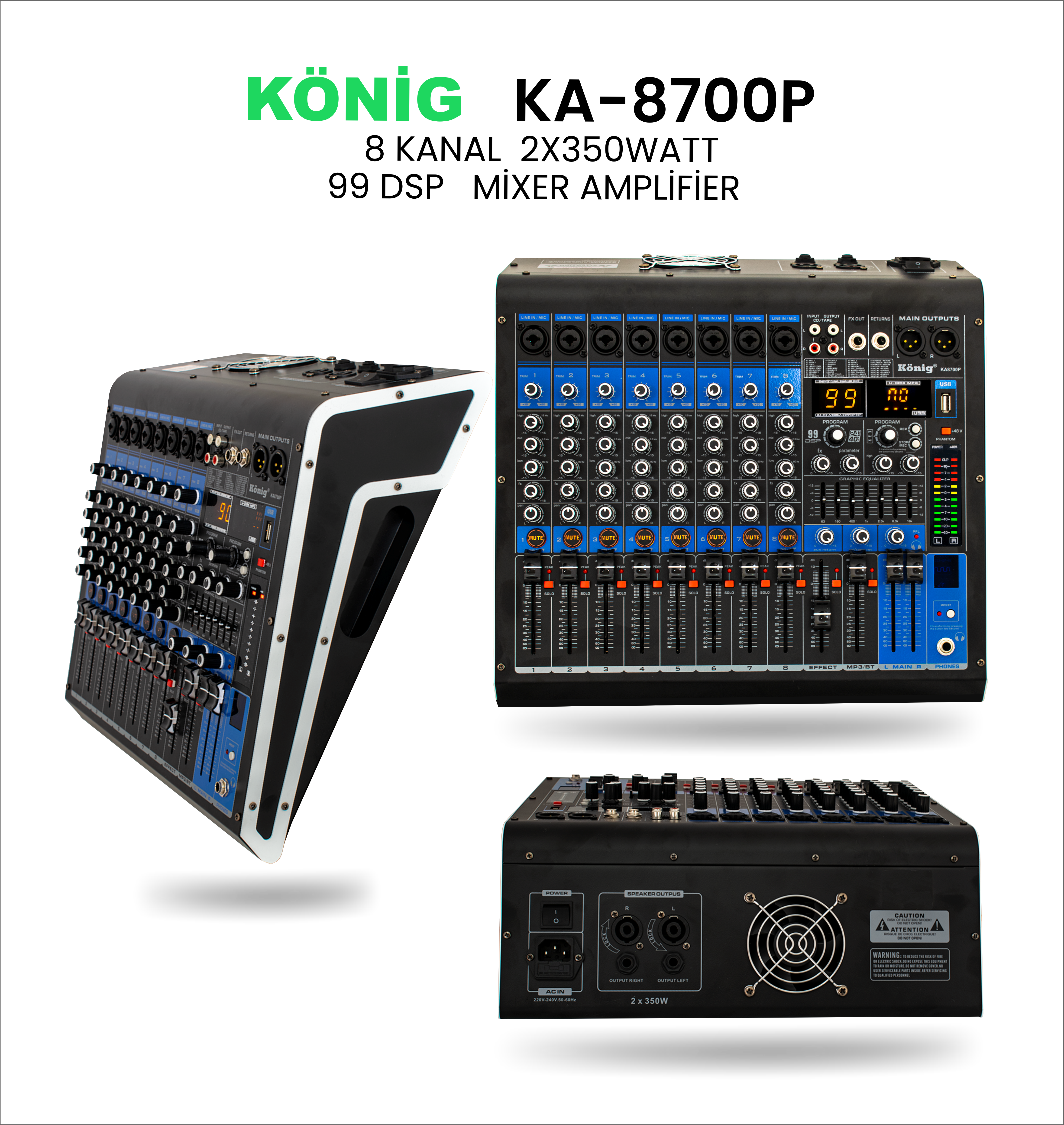 König KA–8700P 2*350W 99 DSP 8 KANAL POWER MİKSER