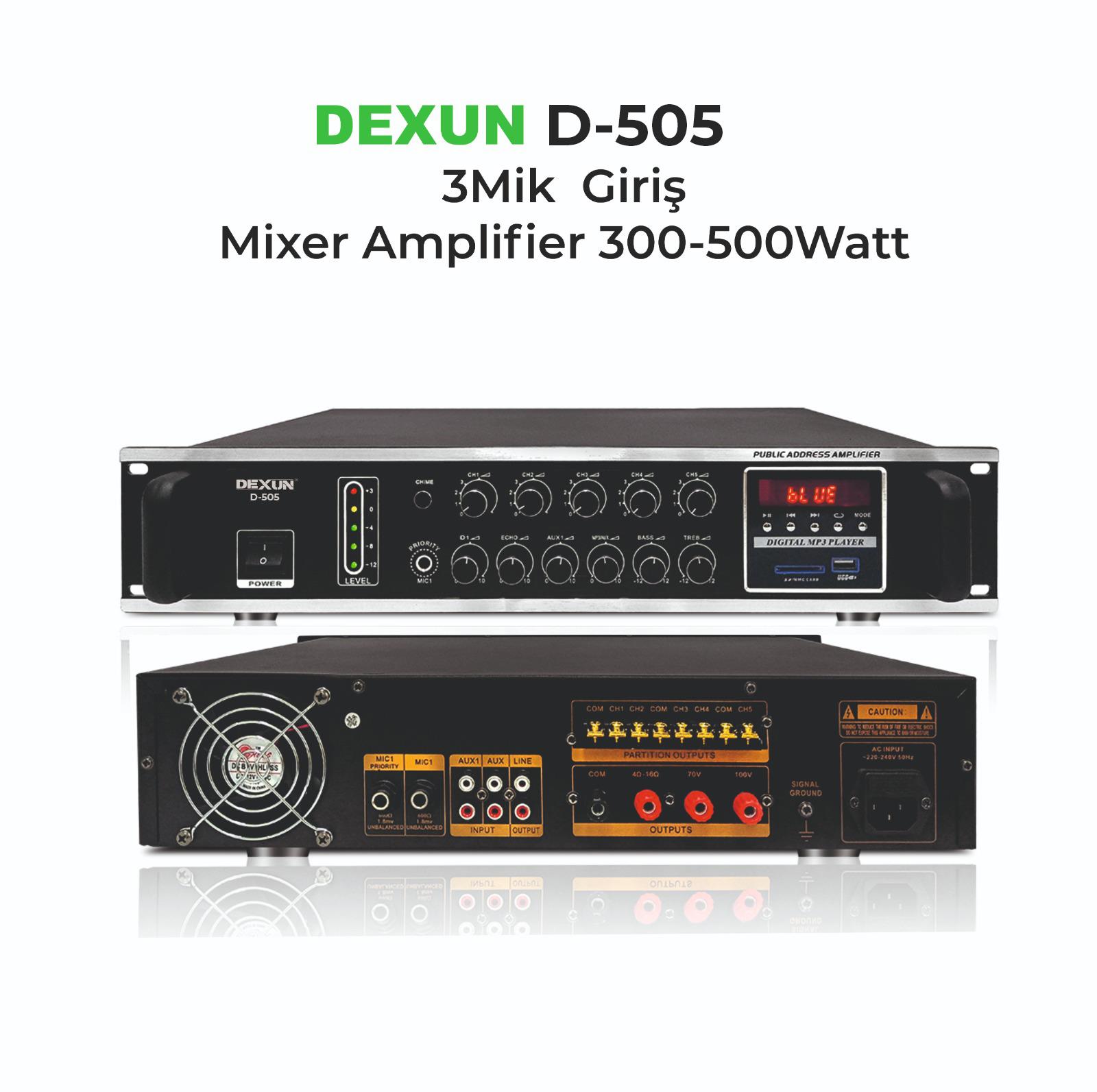 Dexun D-505 3 MİK GİRİŞLİ 5 BÖLGE 500W/100V HAT TRAFOLU MİKSER AMFİ