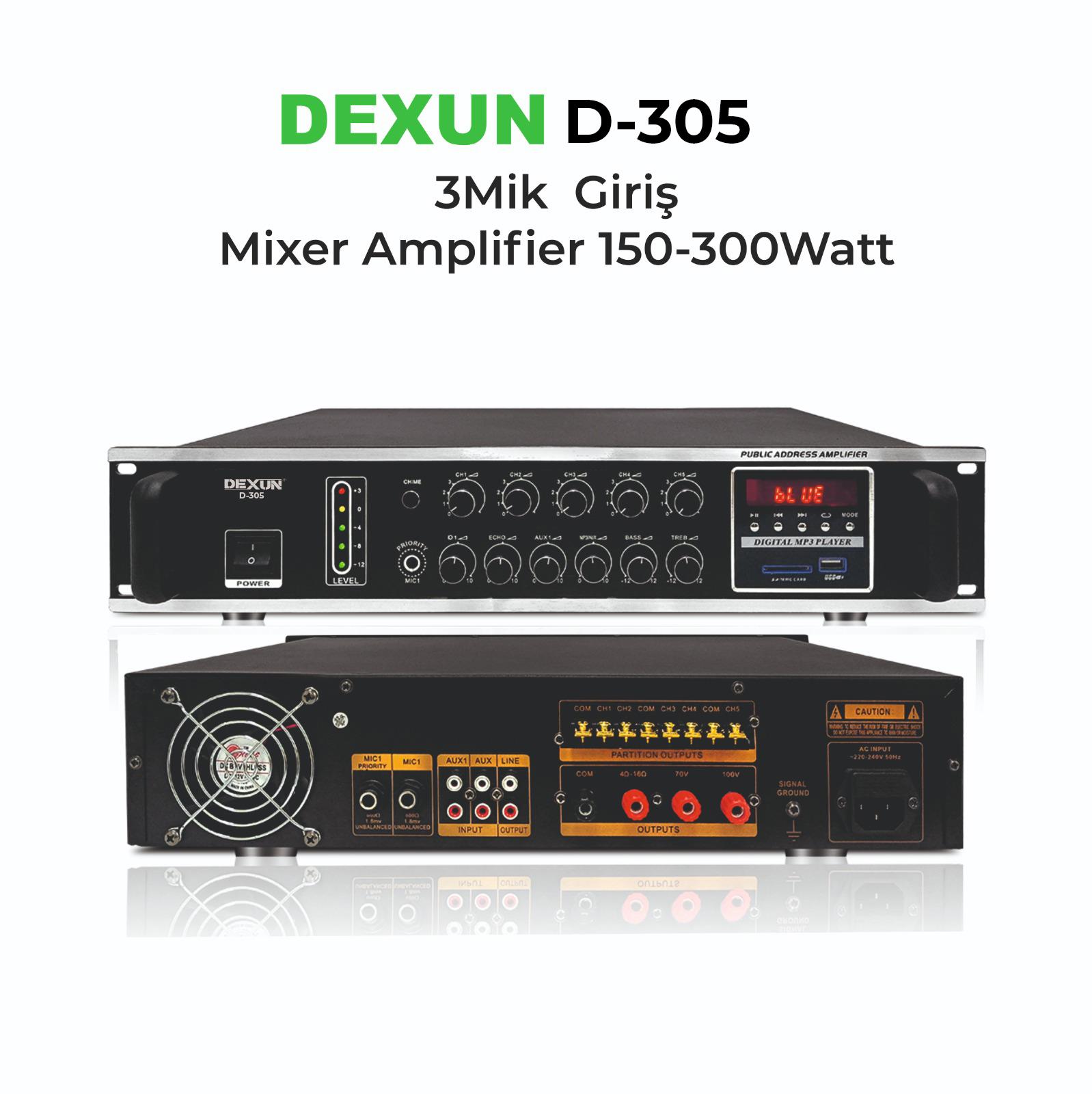 Dexun D-305 3 MİK GİRİŞLİ 5 BÖLGE 300W/100V HAT TRAFOLU MİKSER AMFİ