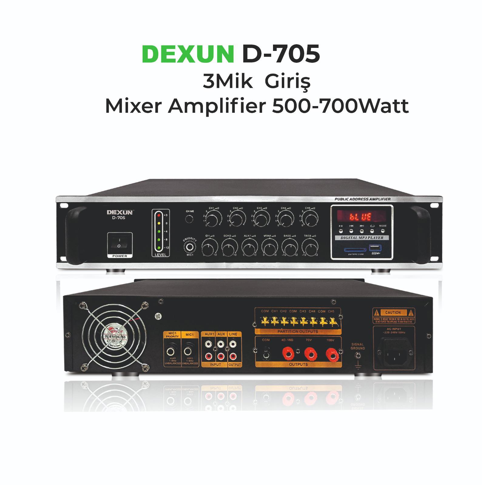 Dexun D-705 3 MİK GİRİŞLİ 5 BÖLGE 700W/100V HAT TRAFOLU MİKSER AMFİ
