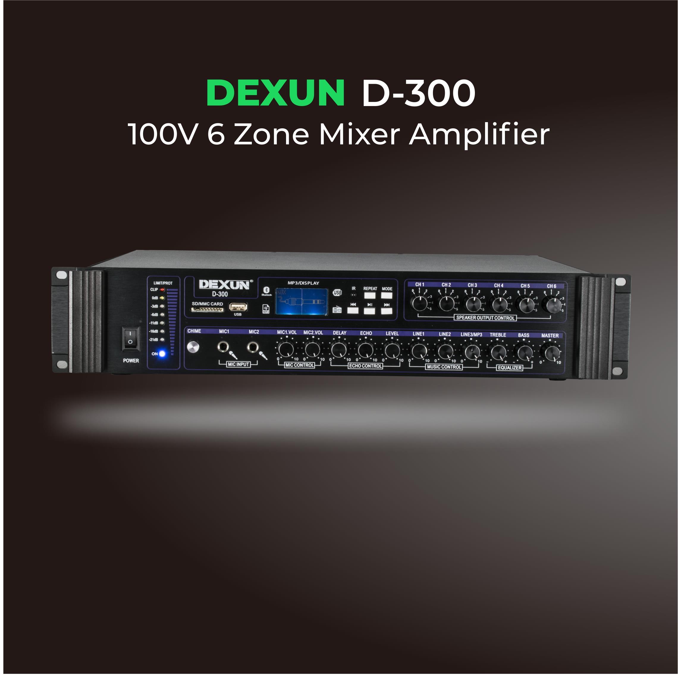 Dexun D–300 6 BÖLGE 250W/100V HAT TRAFOLU MİKSER AMFİ