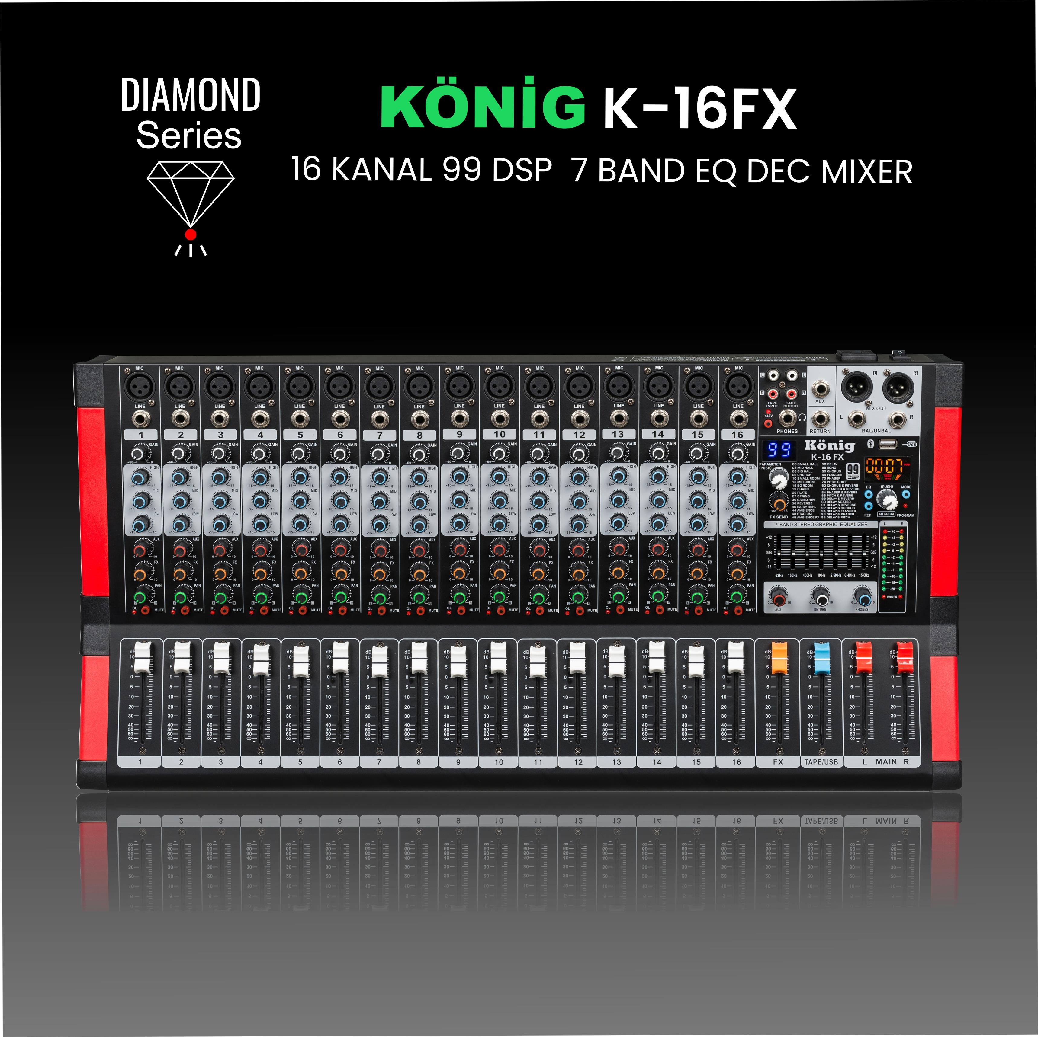 König K–16 FX DİAMOND 16 KANAL 99 DSP 7 BAND EQ DEC MİKSER
