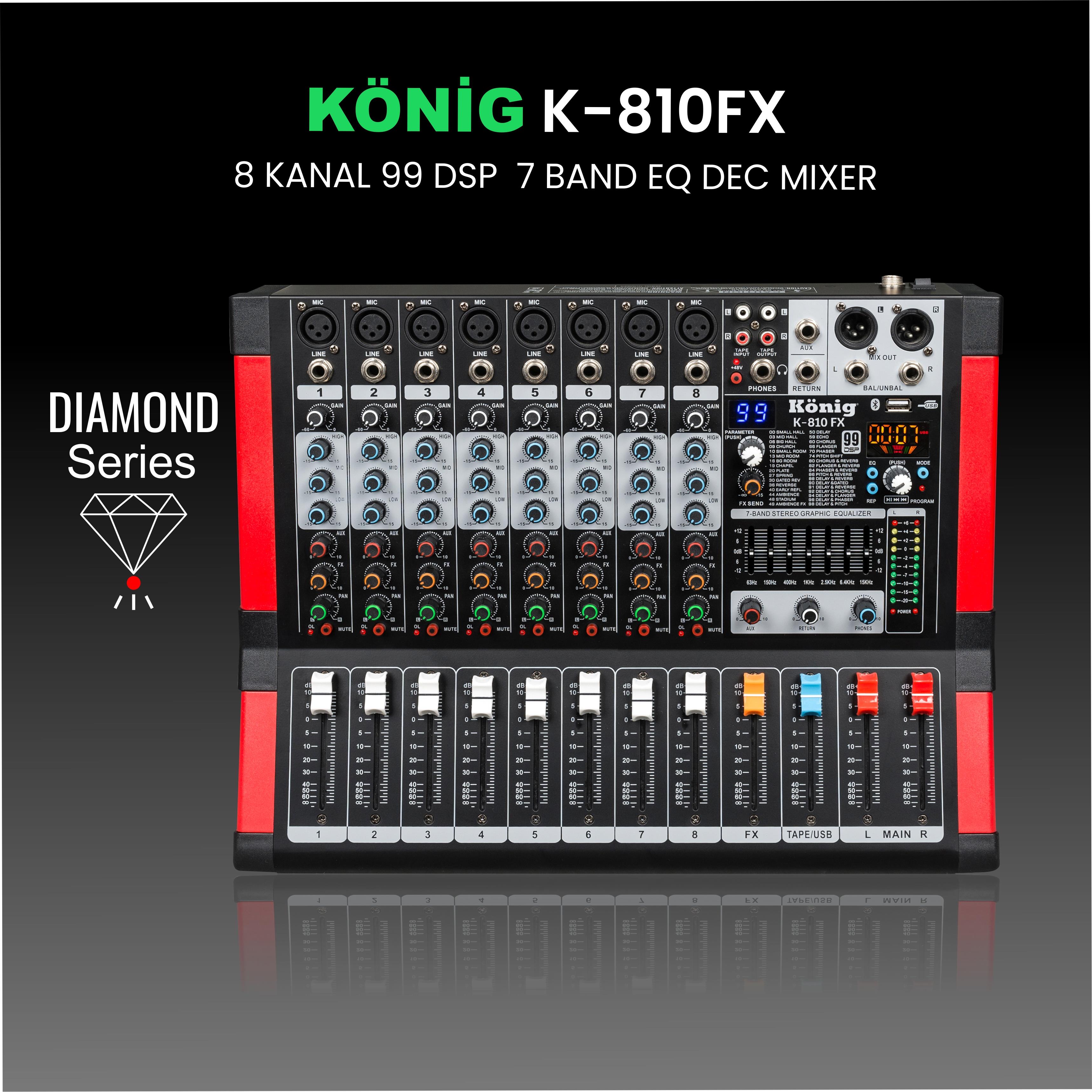 König K–810 FX DİAMOND 8 KANAL 99 DSP 7 BAND EQ DEC MİKSER