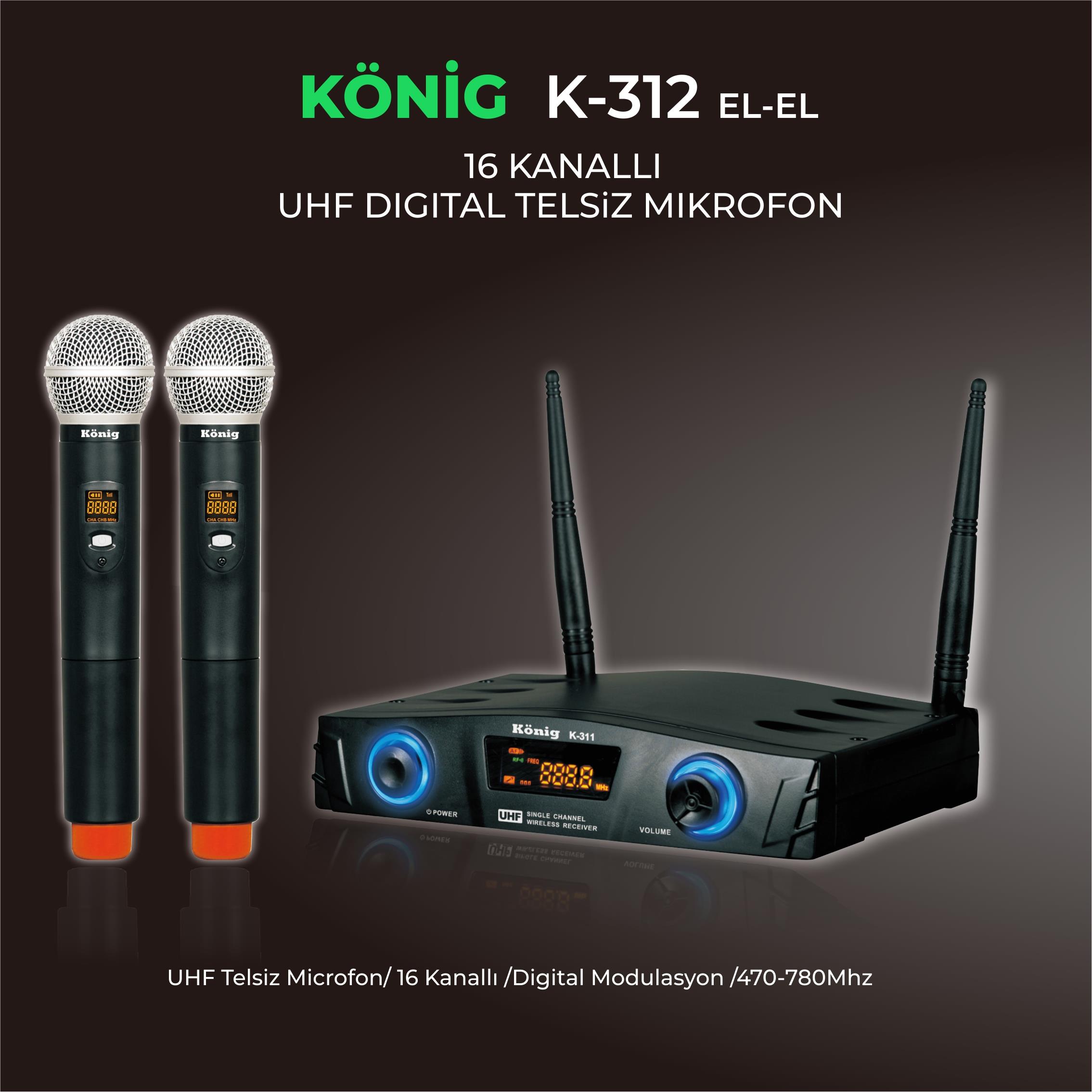 König K–312 E-E ÇİFT EL 16 KANAL UHF TELSİZ MİKROFON