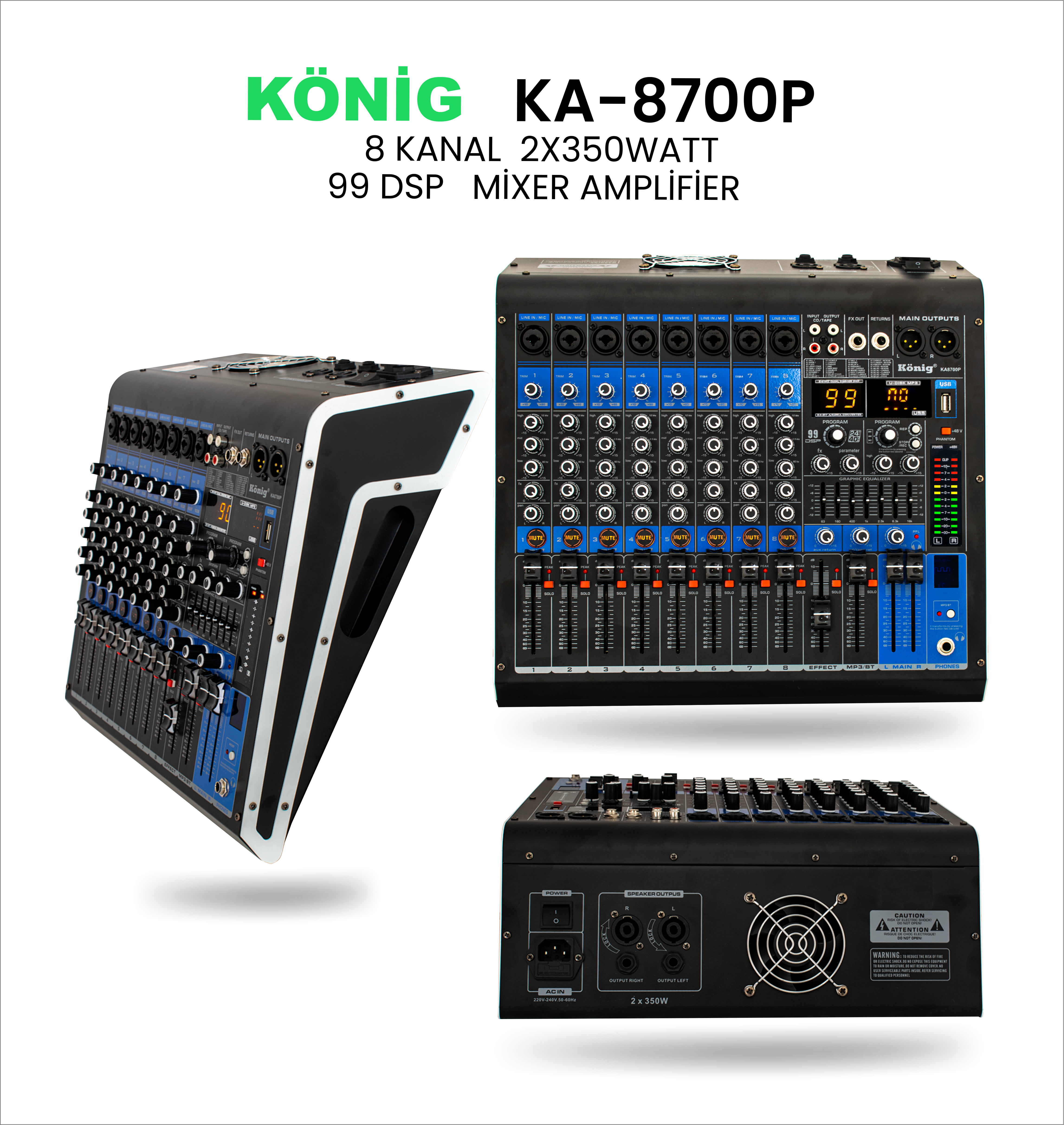 König KA–8700P 2*350W 99 DSP 8 KANAL POWER MİKSER