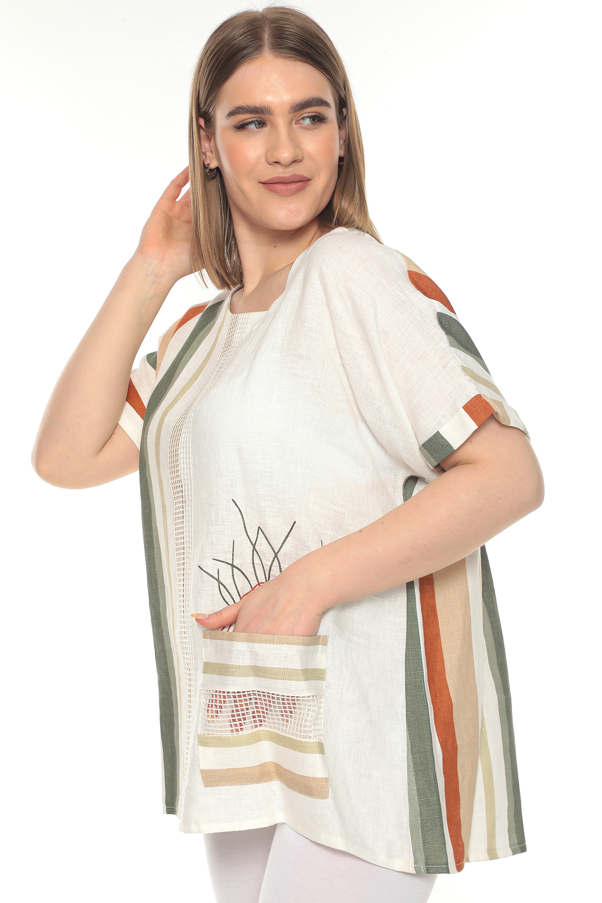 19163 %100 KETEN TUNIK YESIL
