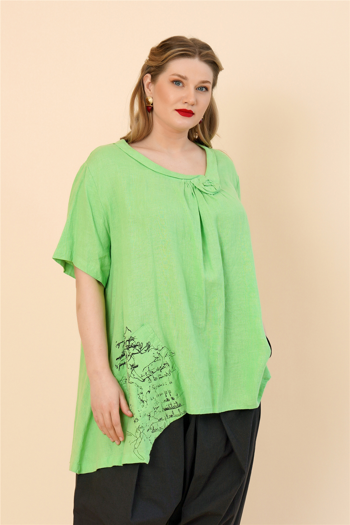 19162 %100 KETEN TUNIK YESIL