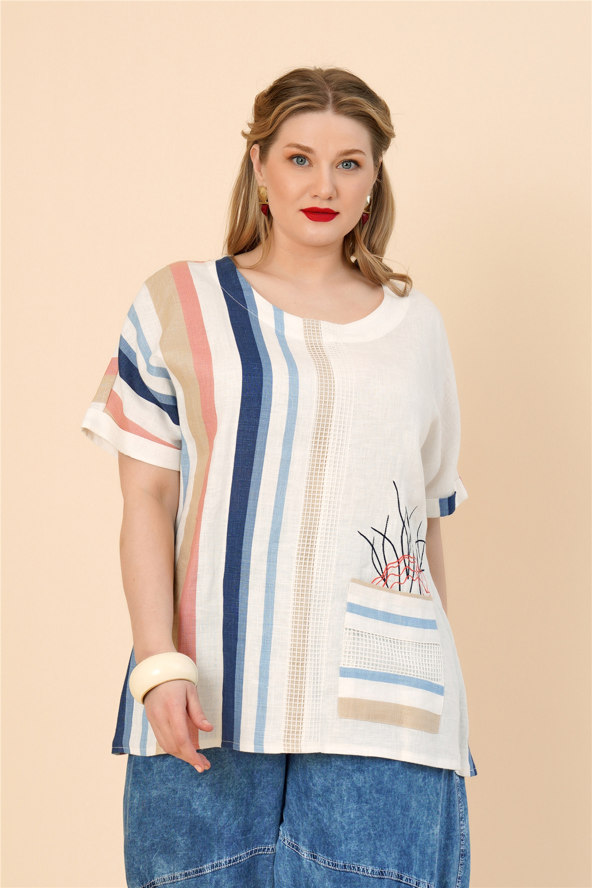 19163 %100 KETEN TUNIK MAVI