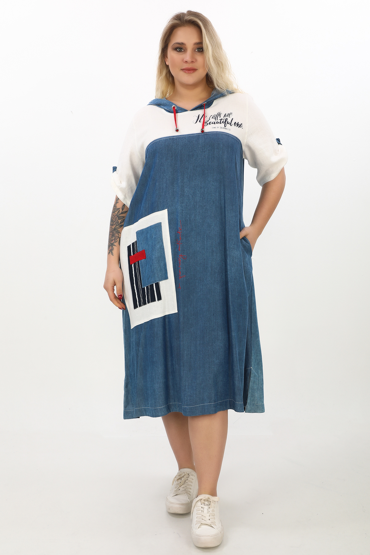 21103 KETEN-TENCEL ELBISE MAVI