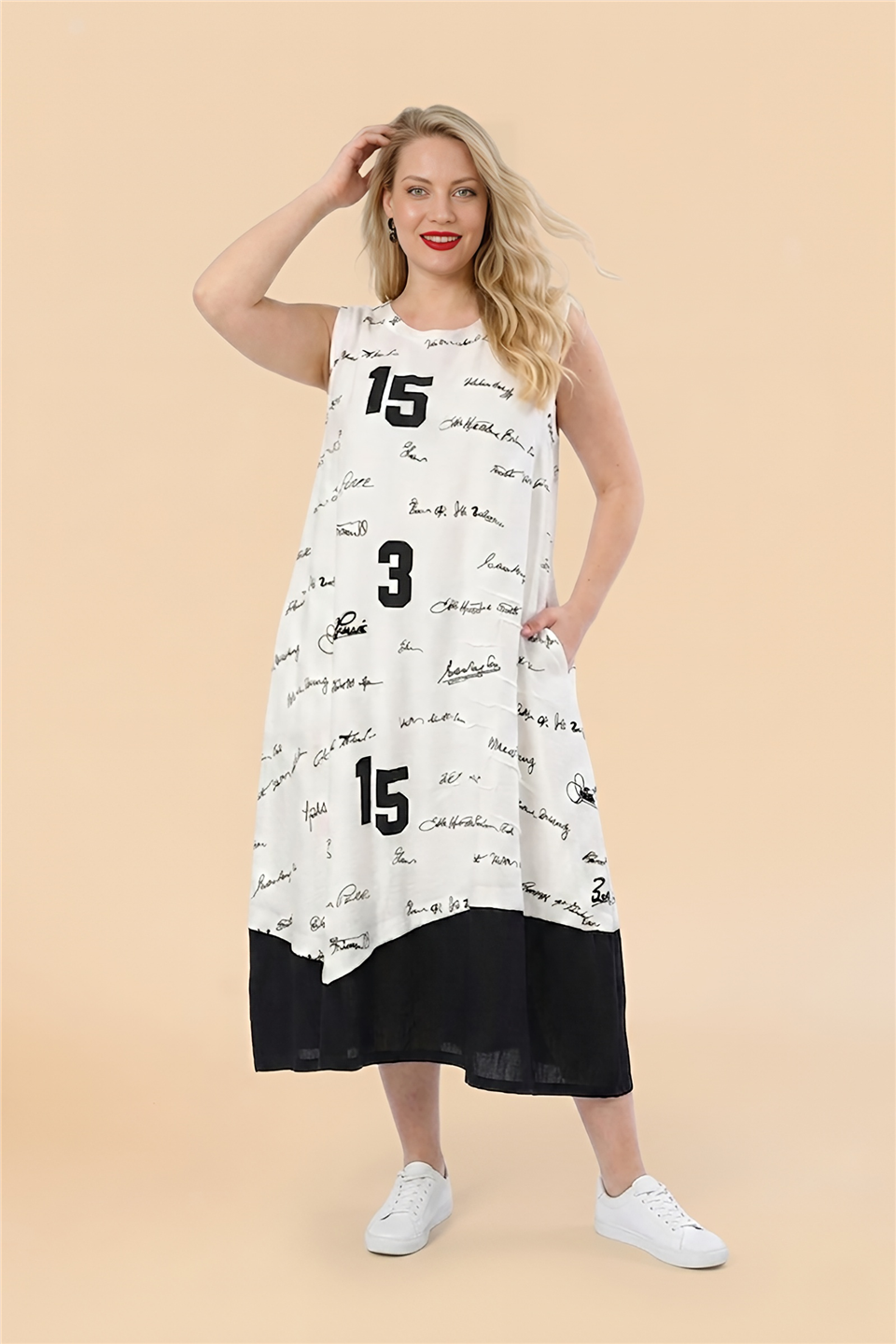 23157 RAKAM DESENLİ VİSKON KOLSUZ ELBİSE