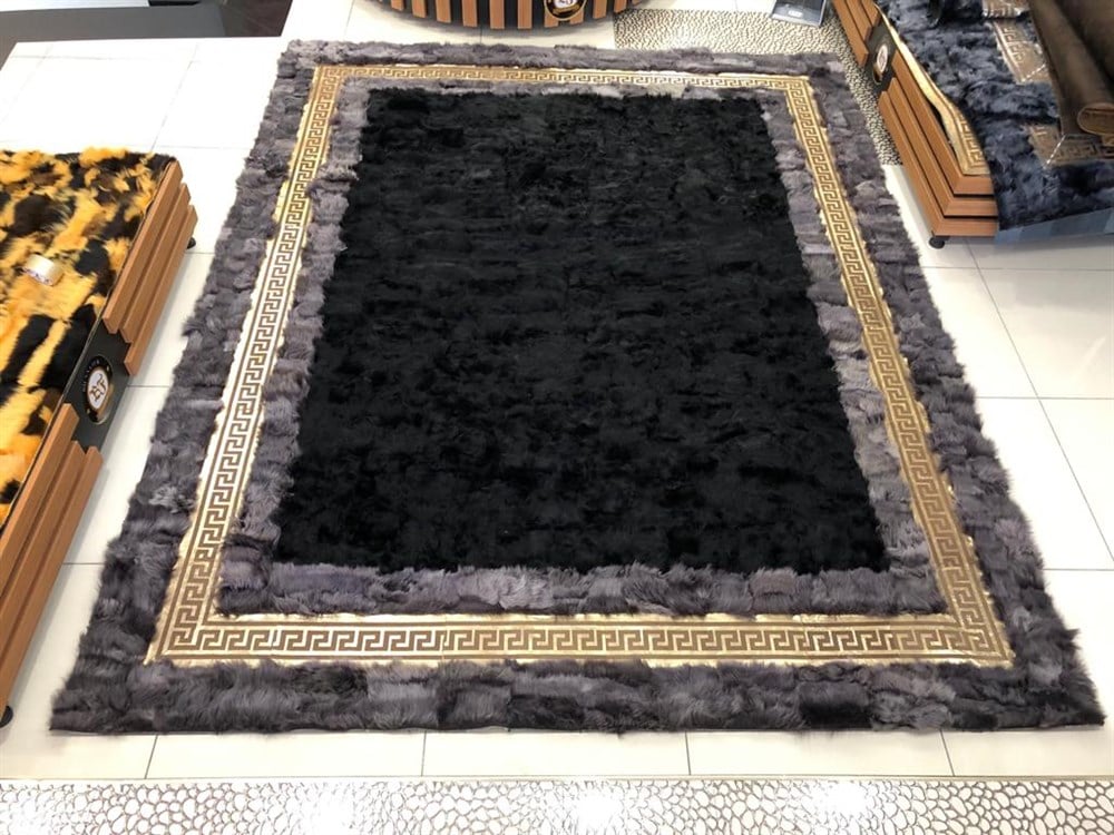 Bienna Fur Kaymaz Taban Gold Bordür Siyah & Gri Doğal Toskana Halı