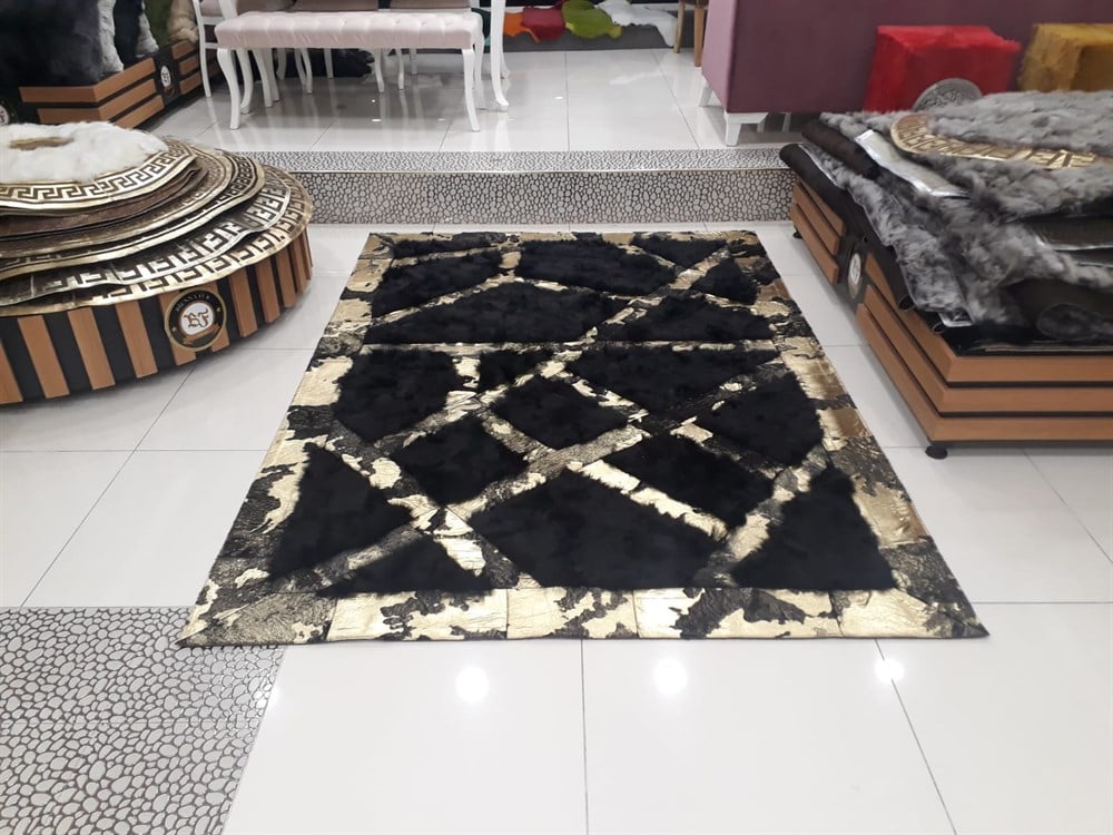 Bienna Fur Kaymaz Taban Siyah Toskana & Gold Hamteks Doğal Deri Halı